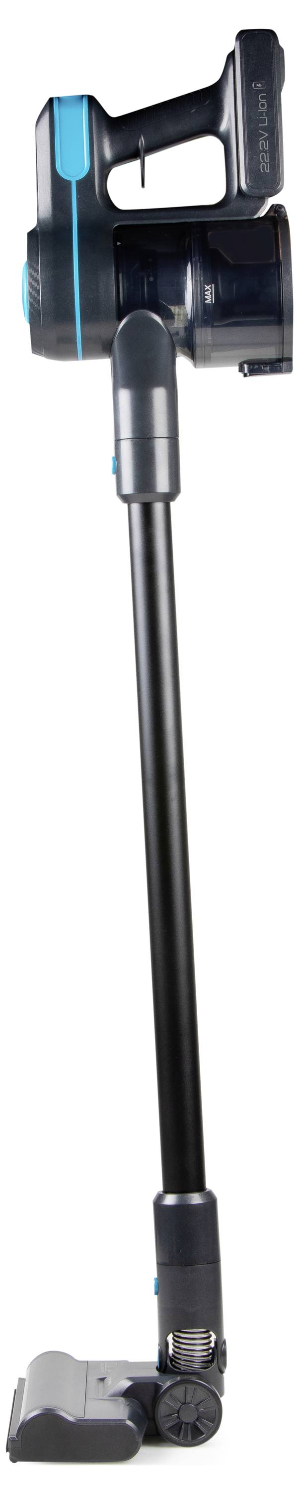 Cordless, black vacuum cleaner with a long pole and blue accents, standing upright, suitable for floor cleaning.