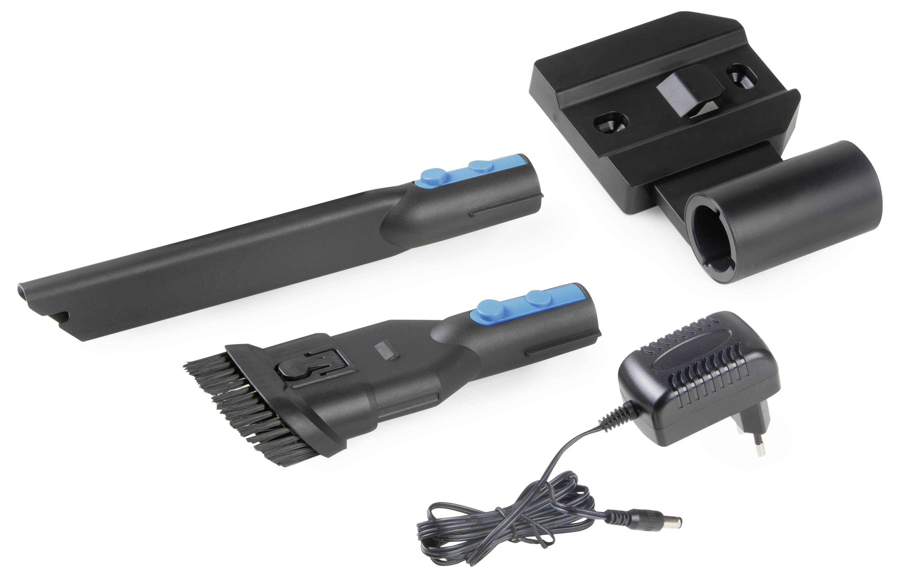 Vacuum cleaner accessory set with charging cable, two nozzles and a mounting bracket. Suitable for cleaning hard-to-reach areas.
