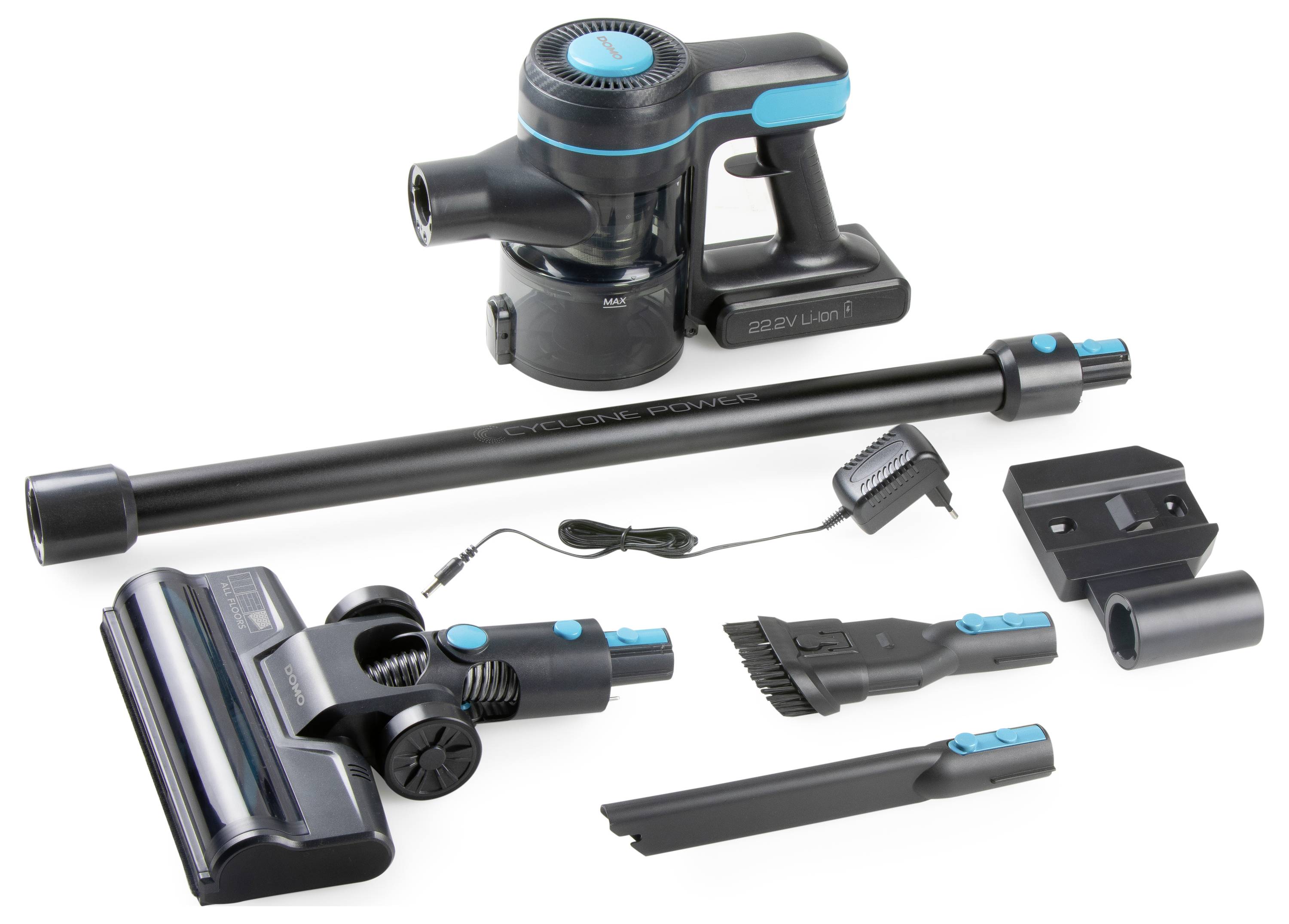 Cordless vacuum cleaner with various attachments and charger, suitable for cleaning floors and hard-to-reach areas.