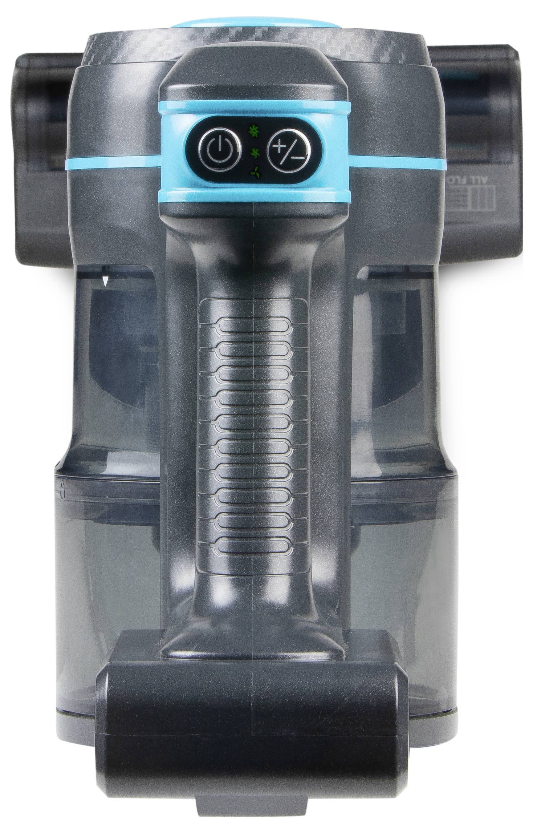 A cordless, portable vacuum cleaner with two power buttons and a transparent dust container, perfect for quick cleaning.