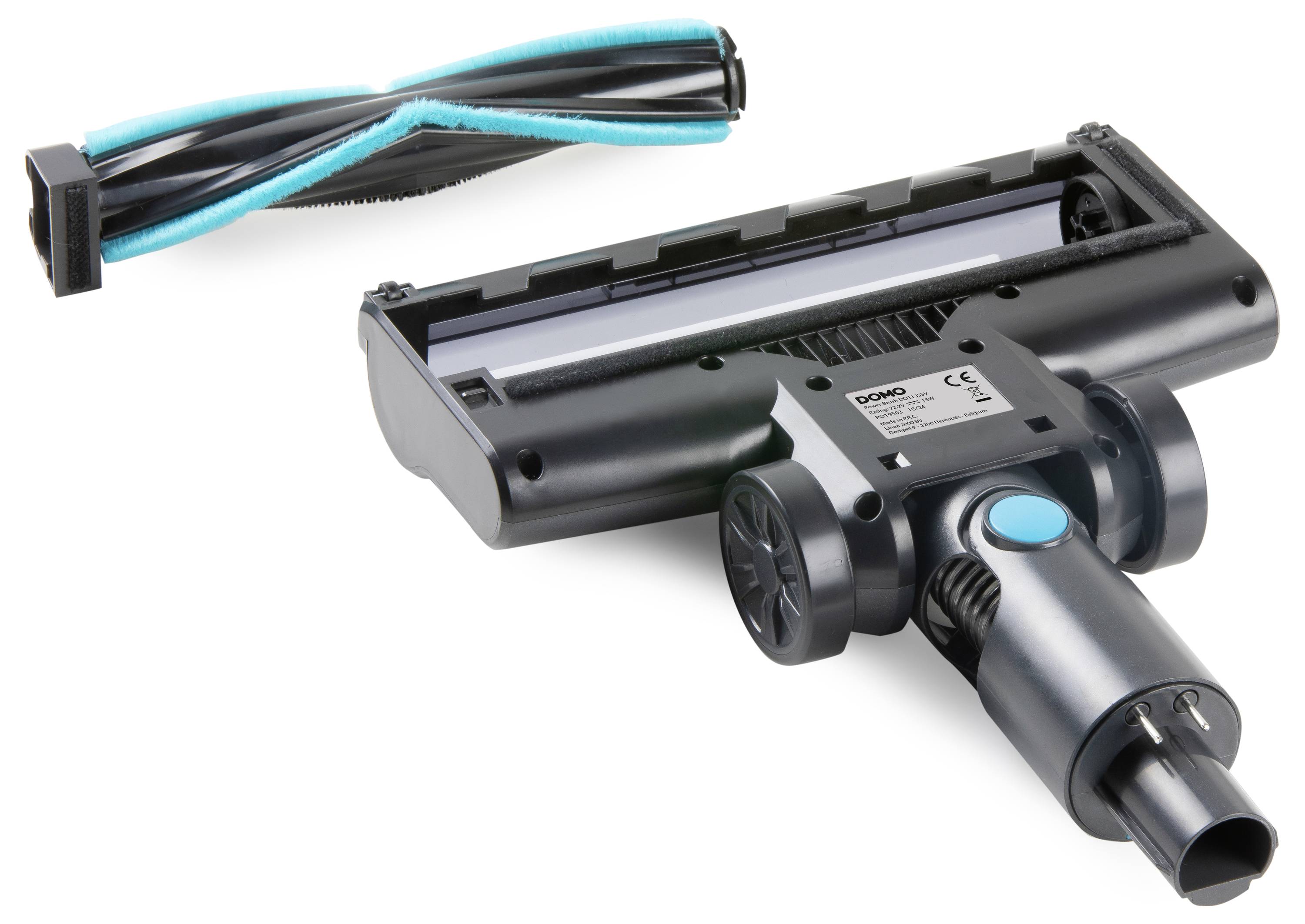 Electric vacuum brush with interchangeable rotating roller, suitable for carpets and hard floors.