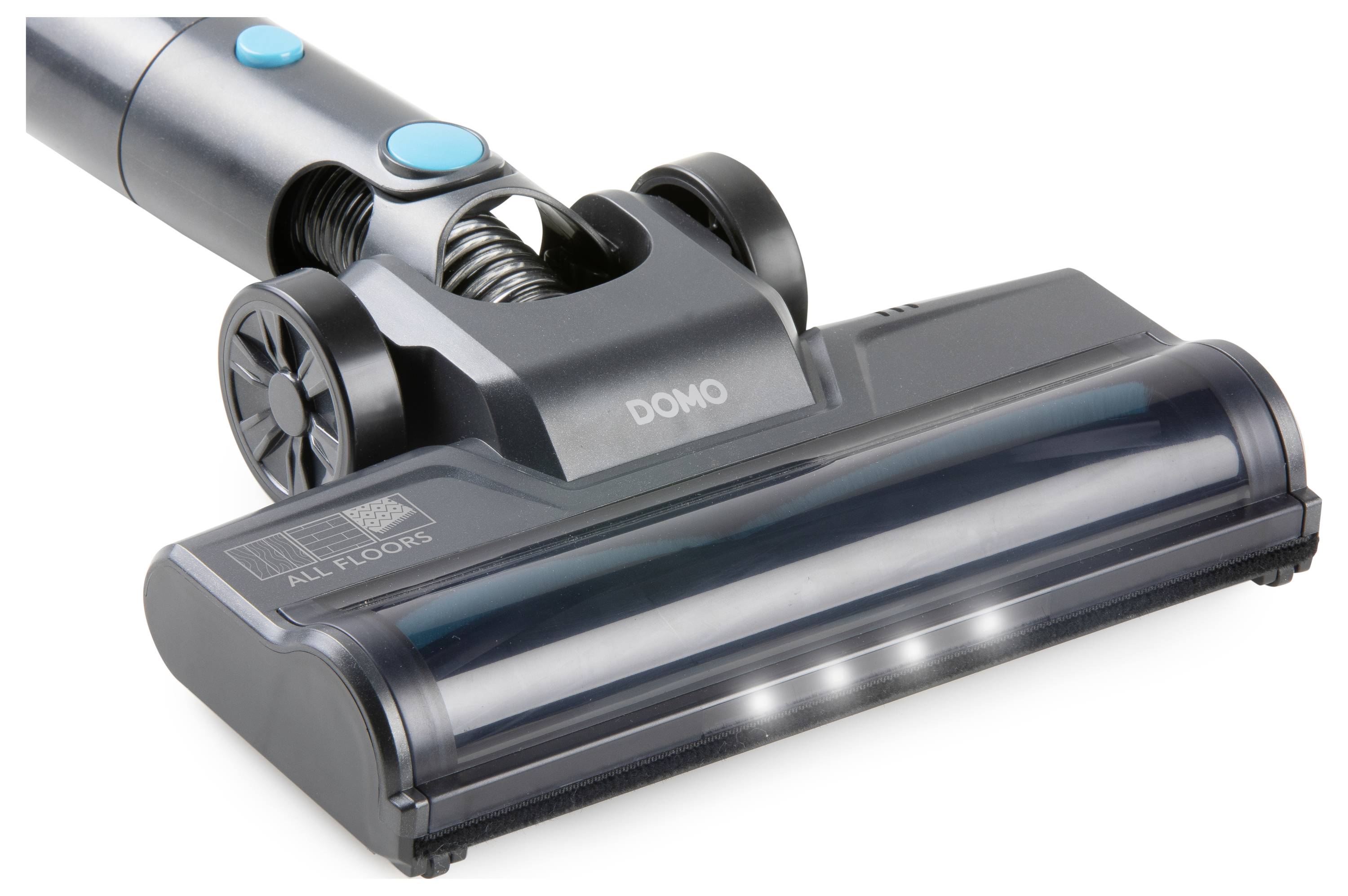 Vacuum cleaner brush with LED lights and the inscription 'All Floors'. Suitable for various floor types.
