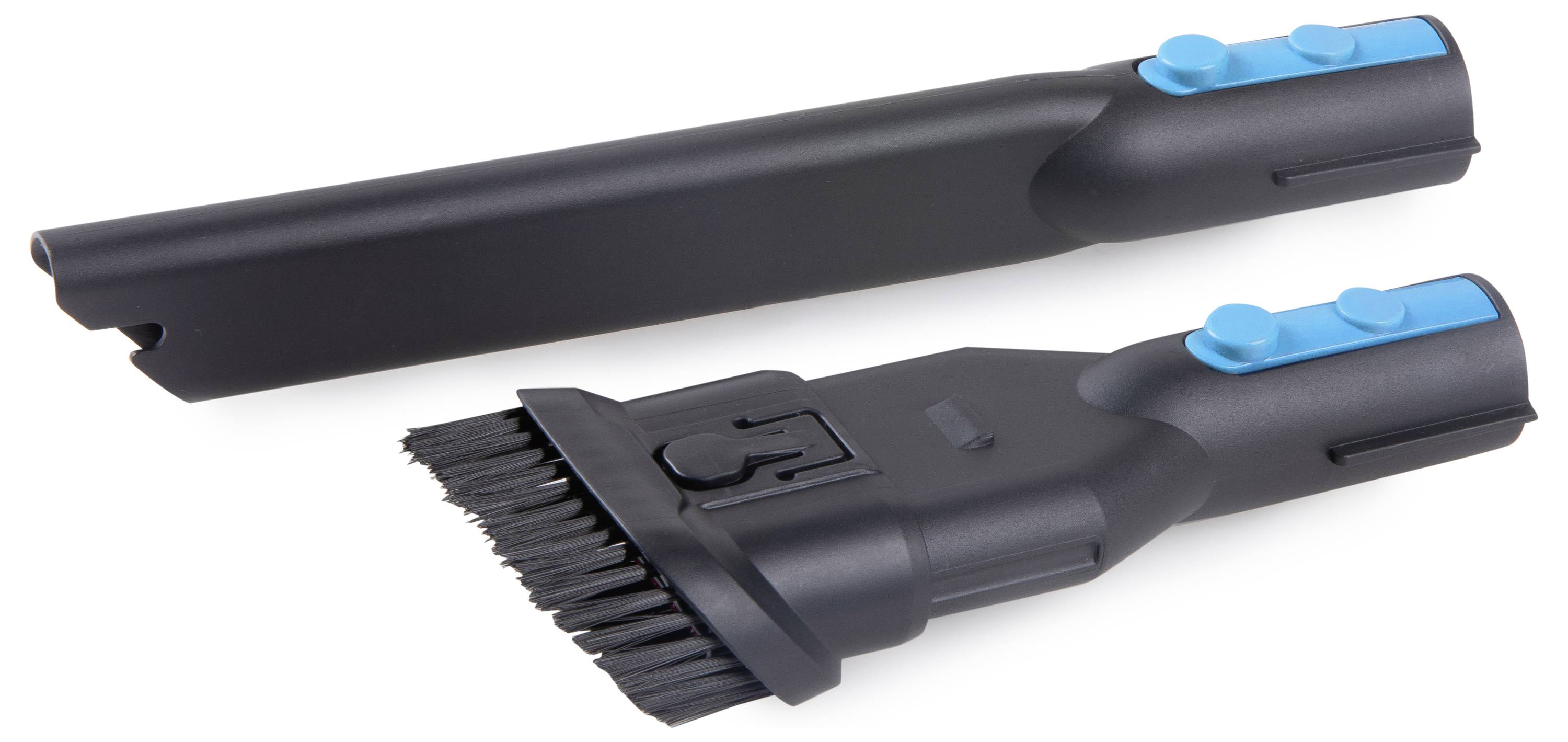 Two black vacuum cleaner nozzles with blue buttons, one with a brush attachment, the other tapering to a point, lie side by side.