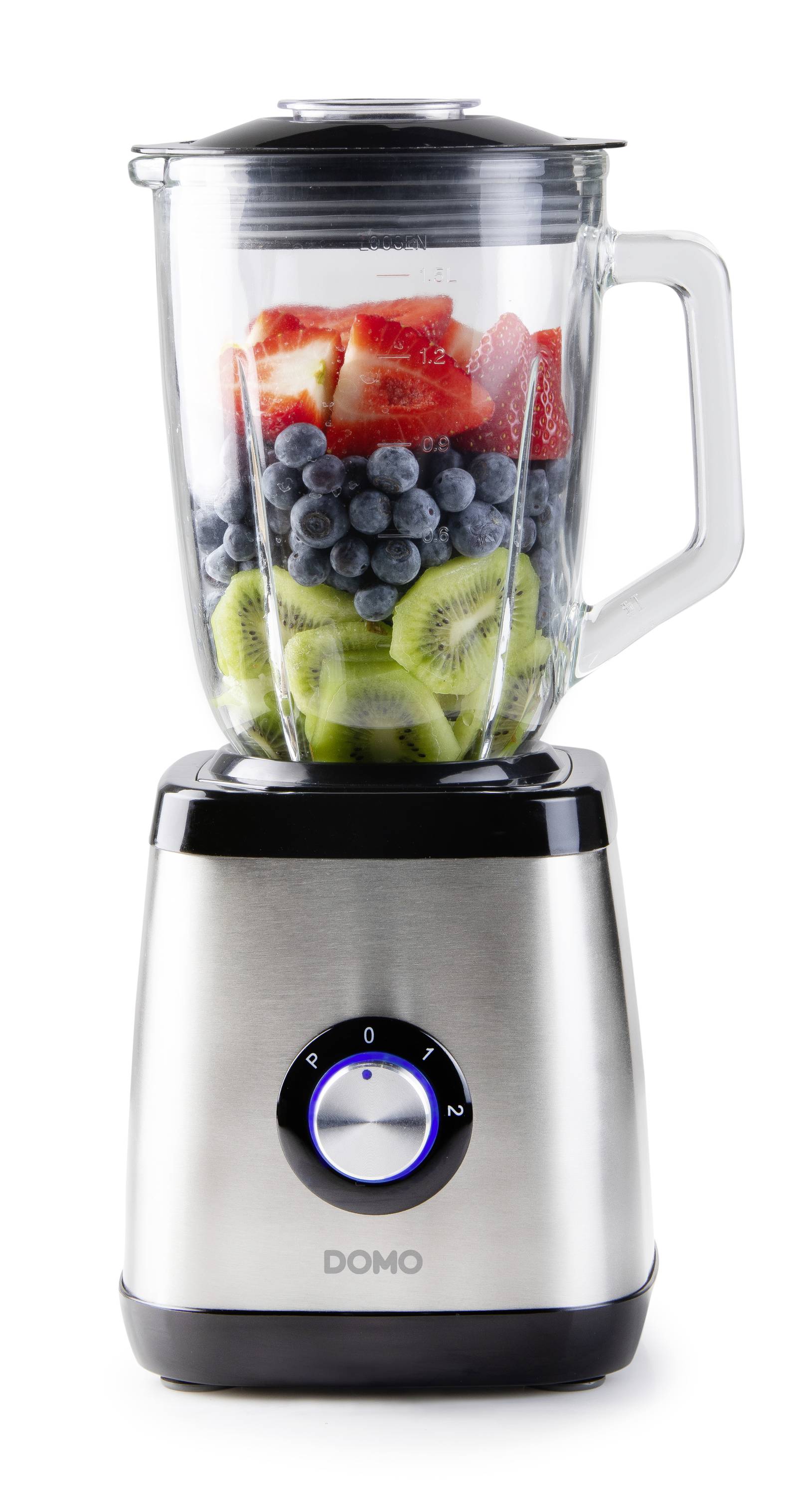 A silver blender with a transparent container, filled with chopped strawberries, blueberries, and kiwi slices.