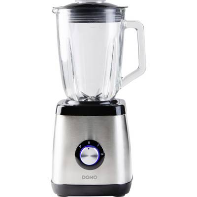 A silver stand mixer with a glass jug and adjustable control dial. The brand name 'DOMO' is visible on the front.