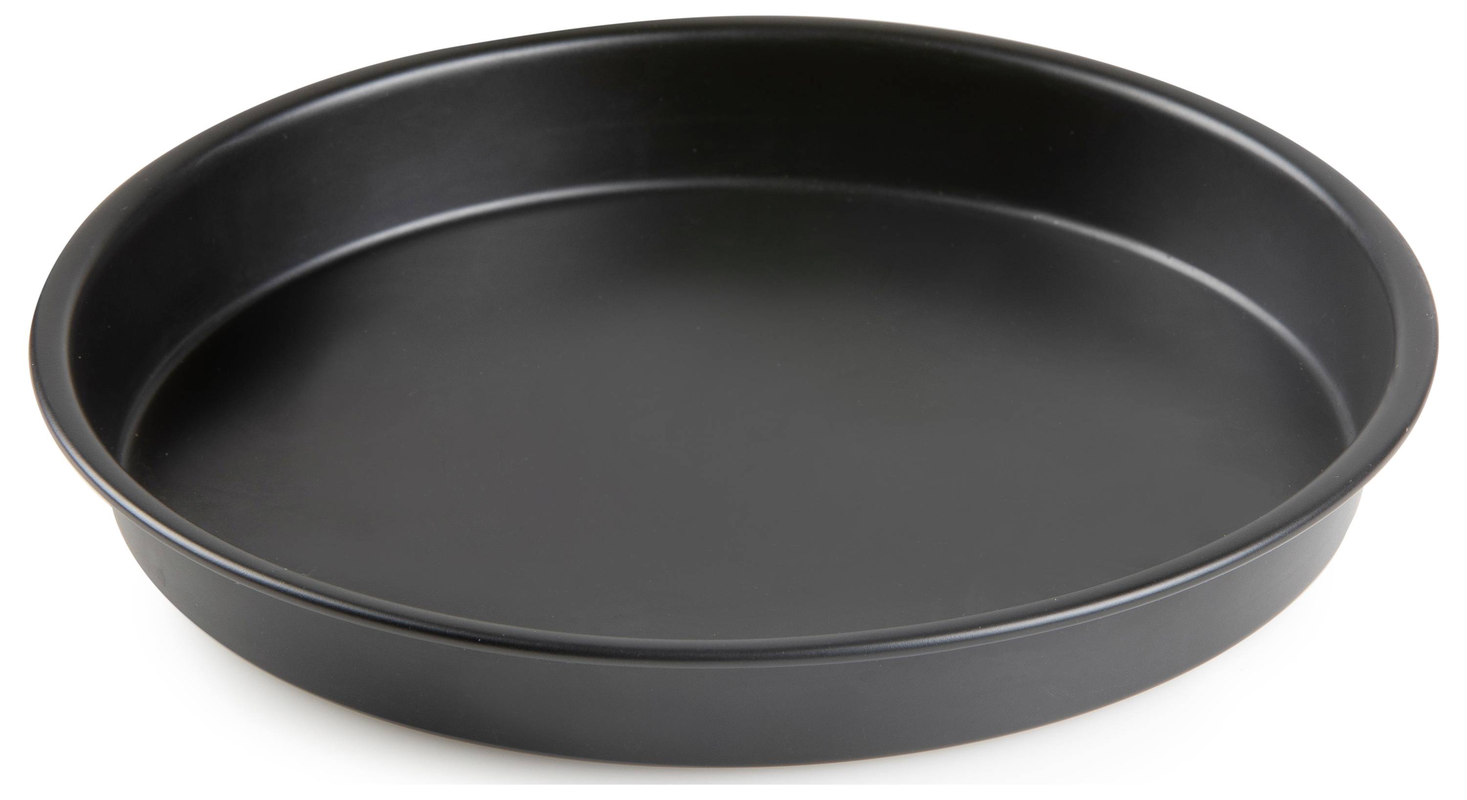Black, round non-stick baking tin, empty. Ideal for baking cakes or quiches.
