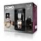 'DOMO' coffee machine shown on packaging, with a cup of cappuccino. Keywords: 'Fully customisable', 'Intense flavour and perfect crema'.