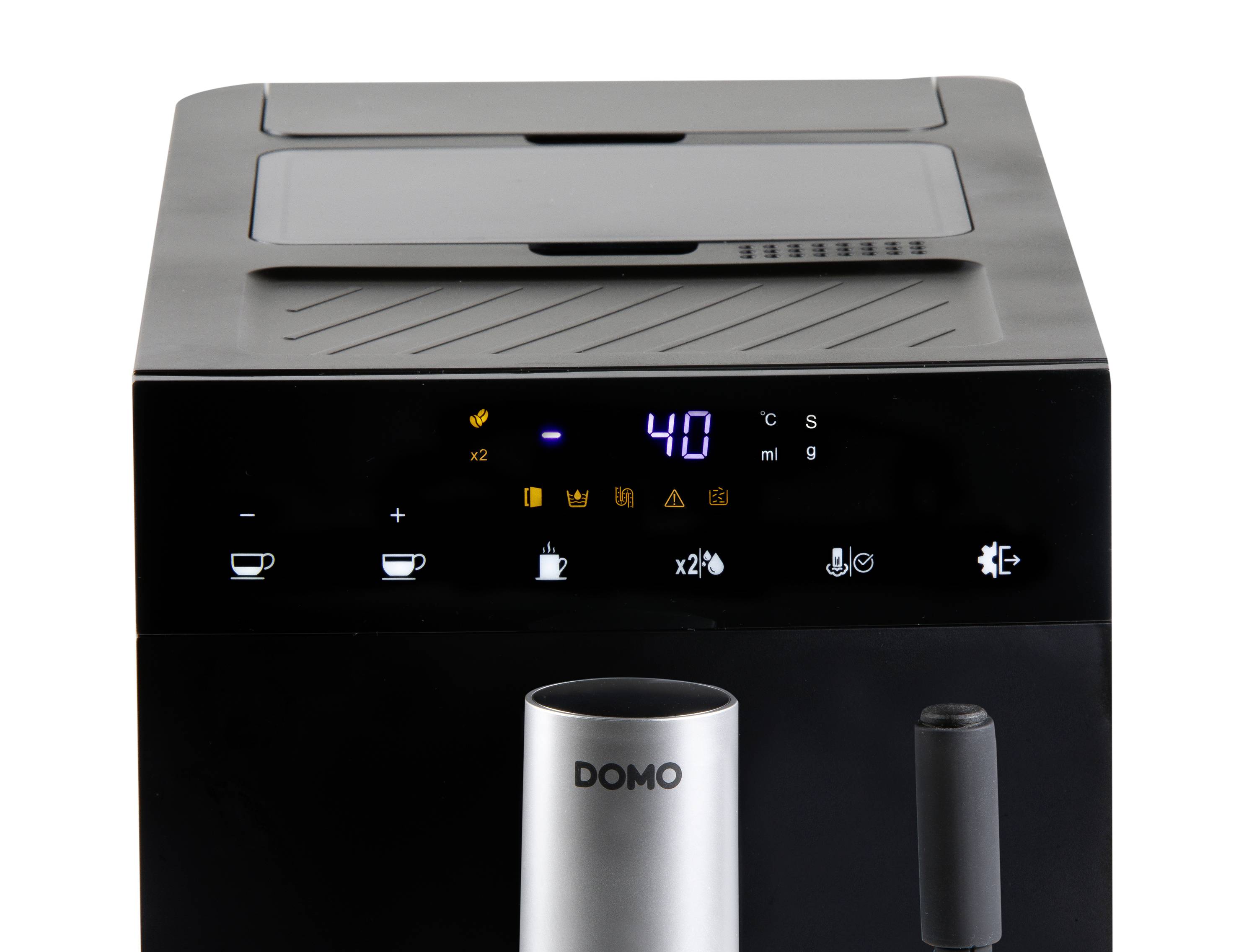 Black coffee machine with a digital display showing '40'. Symbols for cup quantity and other functions are visible.