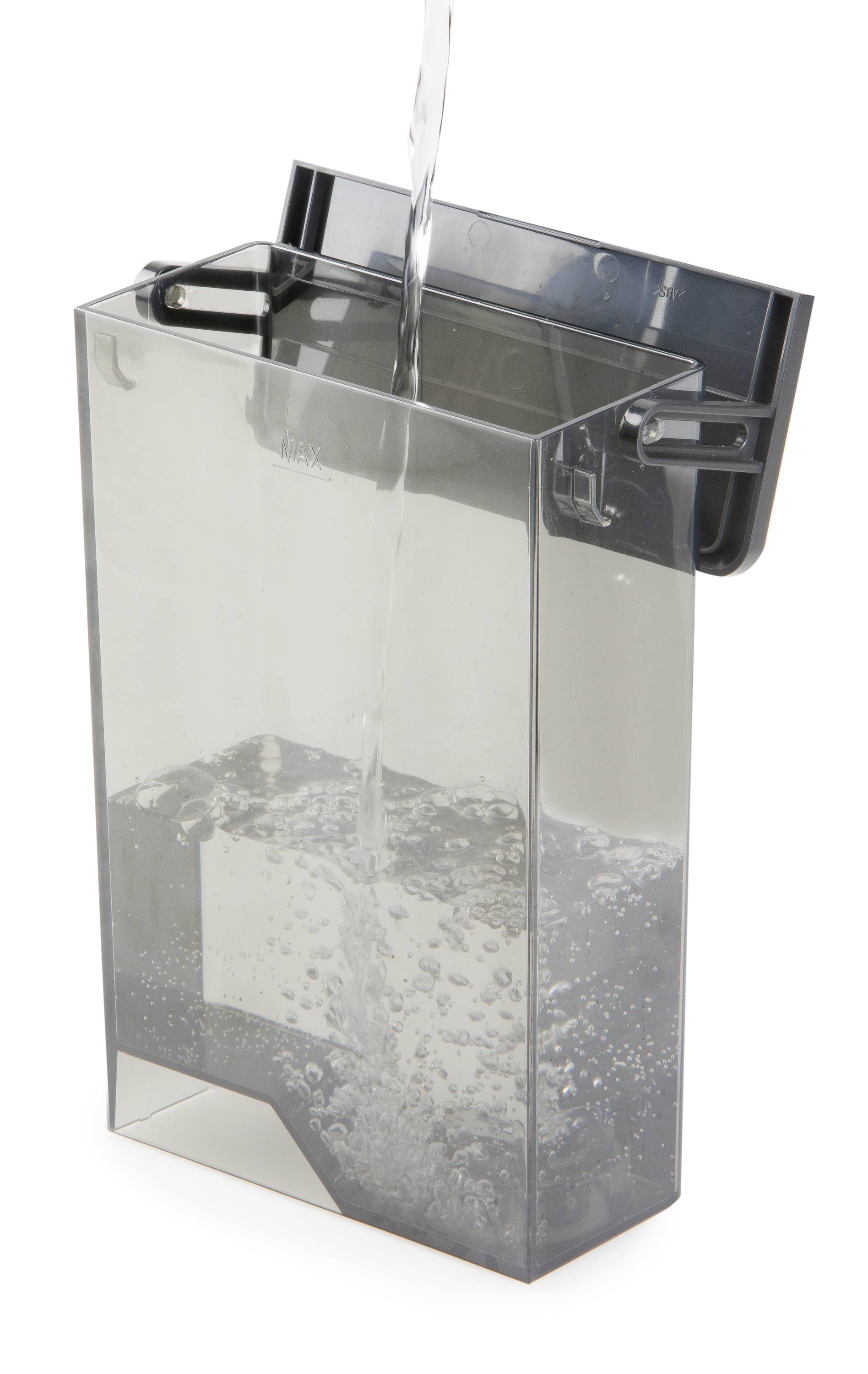 Water is poured into a transparent container that is approximately half full. Air bubbles rise to the surface of the water.