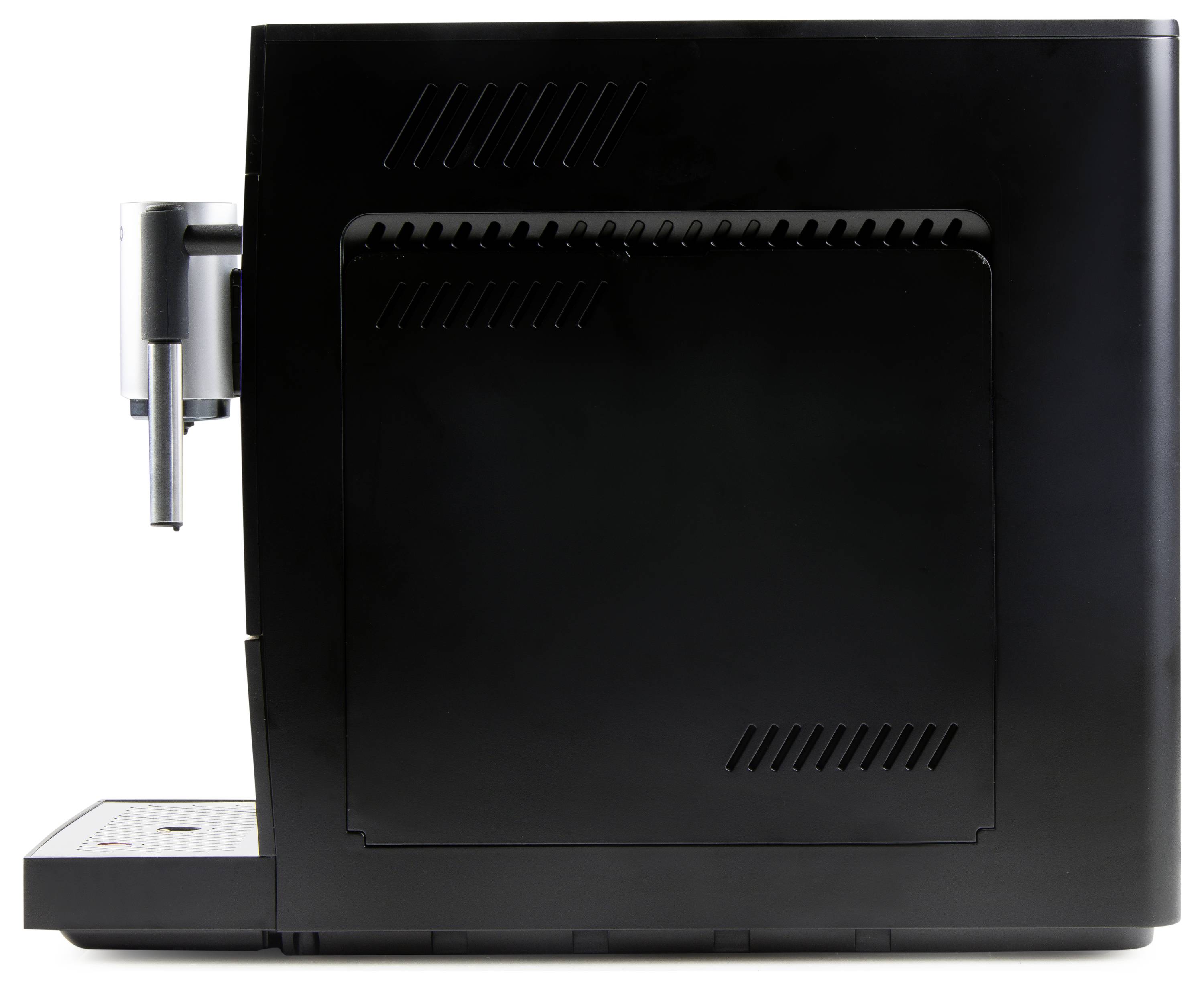 A black, modern coffee machine pictured from the side. It has a water outlet on the left side.