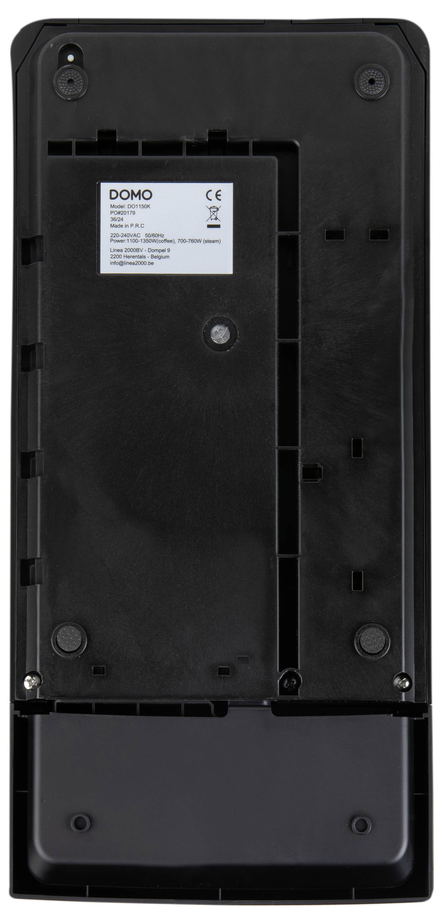 Back of a black electronic device with multiple screws and a label displaying manufacturer information.