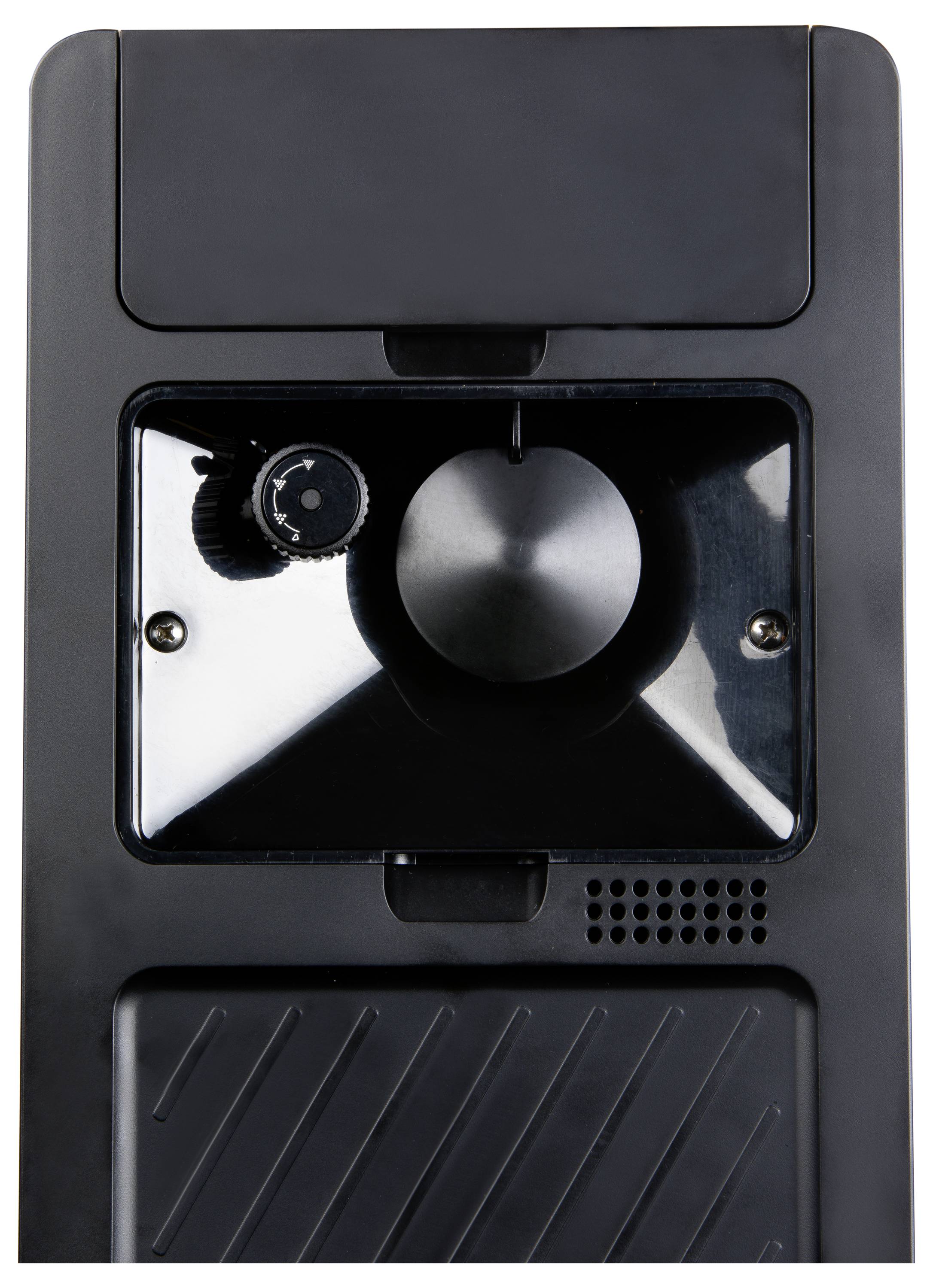 Black shiny coffee grinder in close-up, showing front adjustment dial for grind size, with a simplified, functional design.