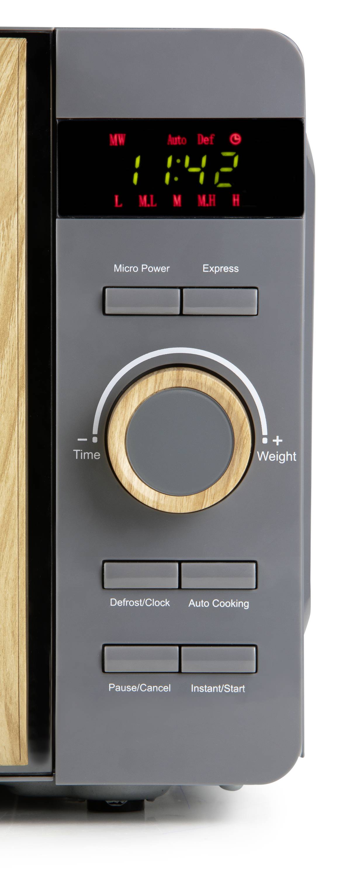 The illustration shows a microwave control panel with a digital time display, rotary knobs for time/weight, and buttons for functions such as defrost and quick start.