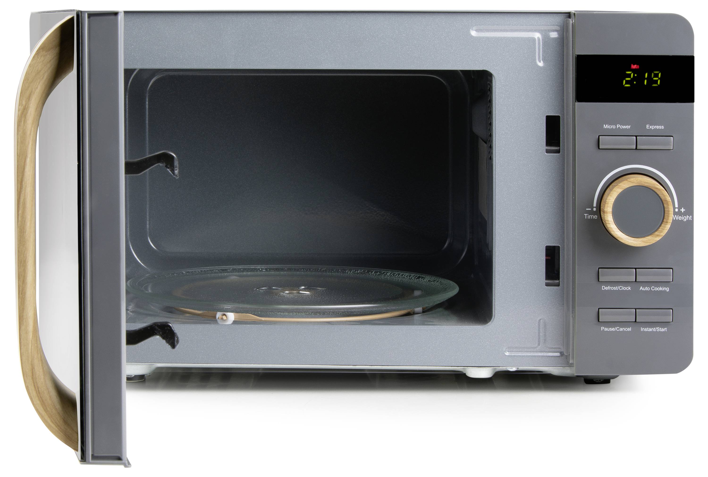 A microwave with its door open, showing the interior with a turntable. Digital display in the top right showing the time as 2:19.