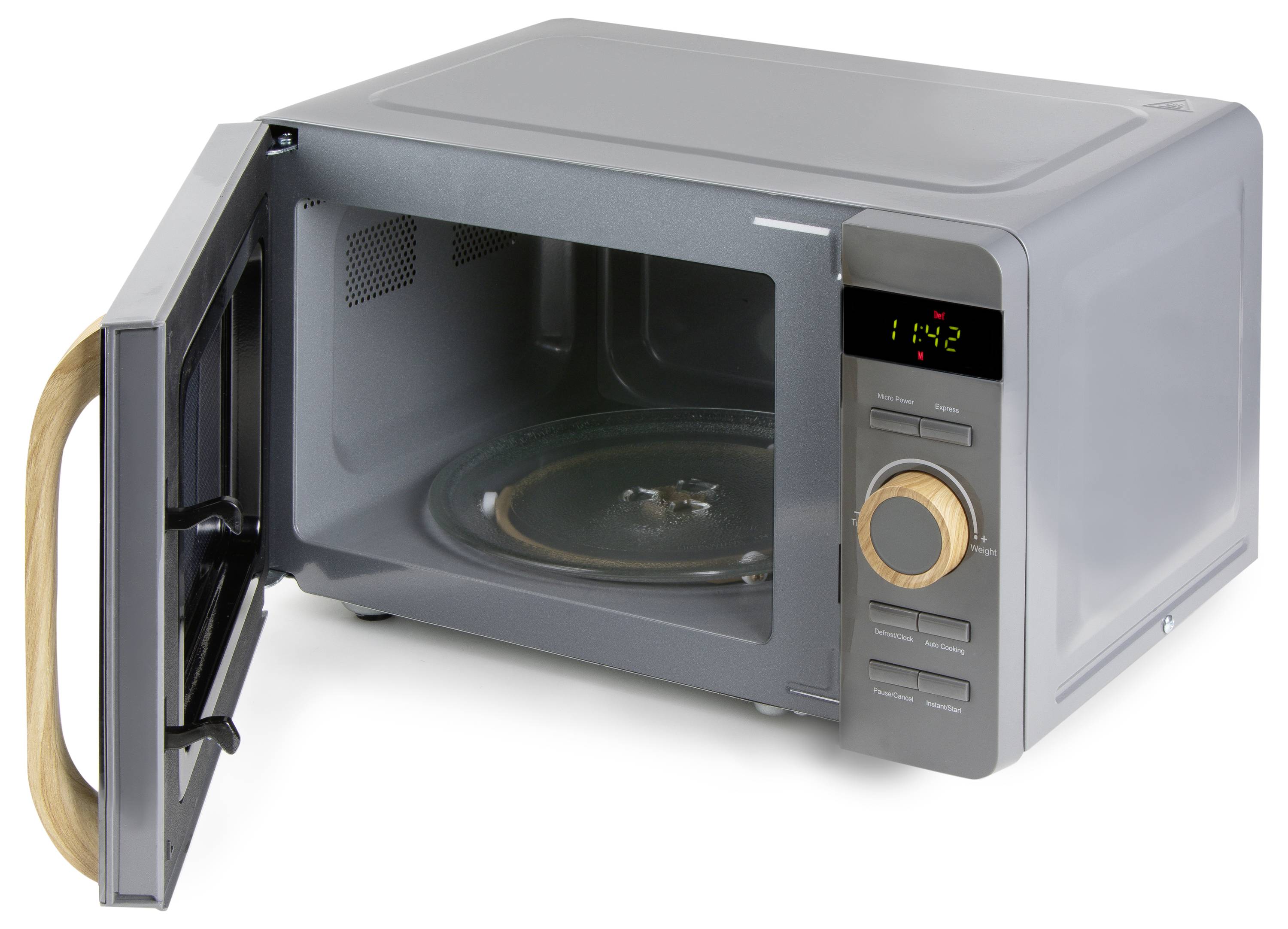 'Microwave with open door, interior showing a turntable. Digital display reads 11:42.'