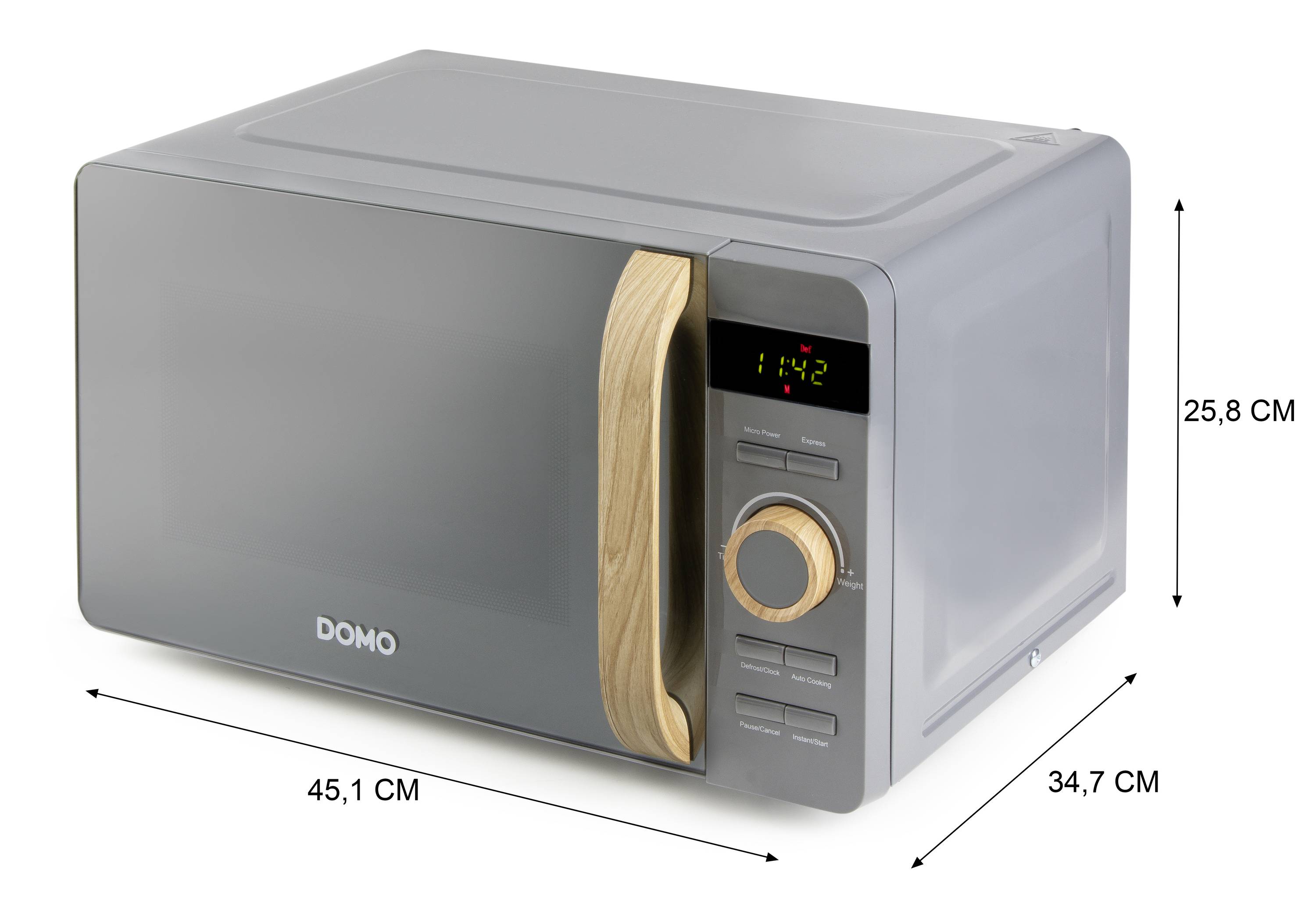 Grey microwave with wood-effect handle, display showing '1:42', dimensions: 45.1 cm wide, 34.7 cm deep, 25.8 cm high.