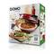 Domo Pizza Oven Packaging. Shows a red oven with two heating elements and a 32 cm ceramic plate. Recipe ideas included.