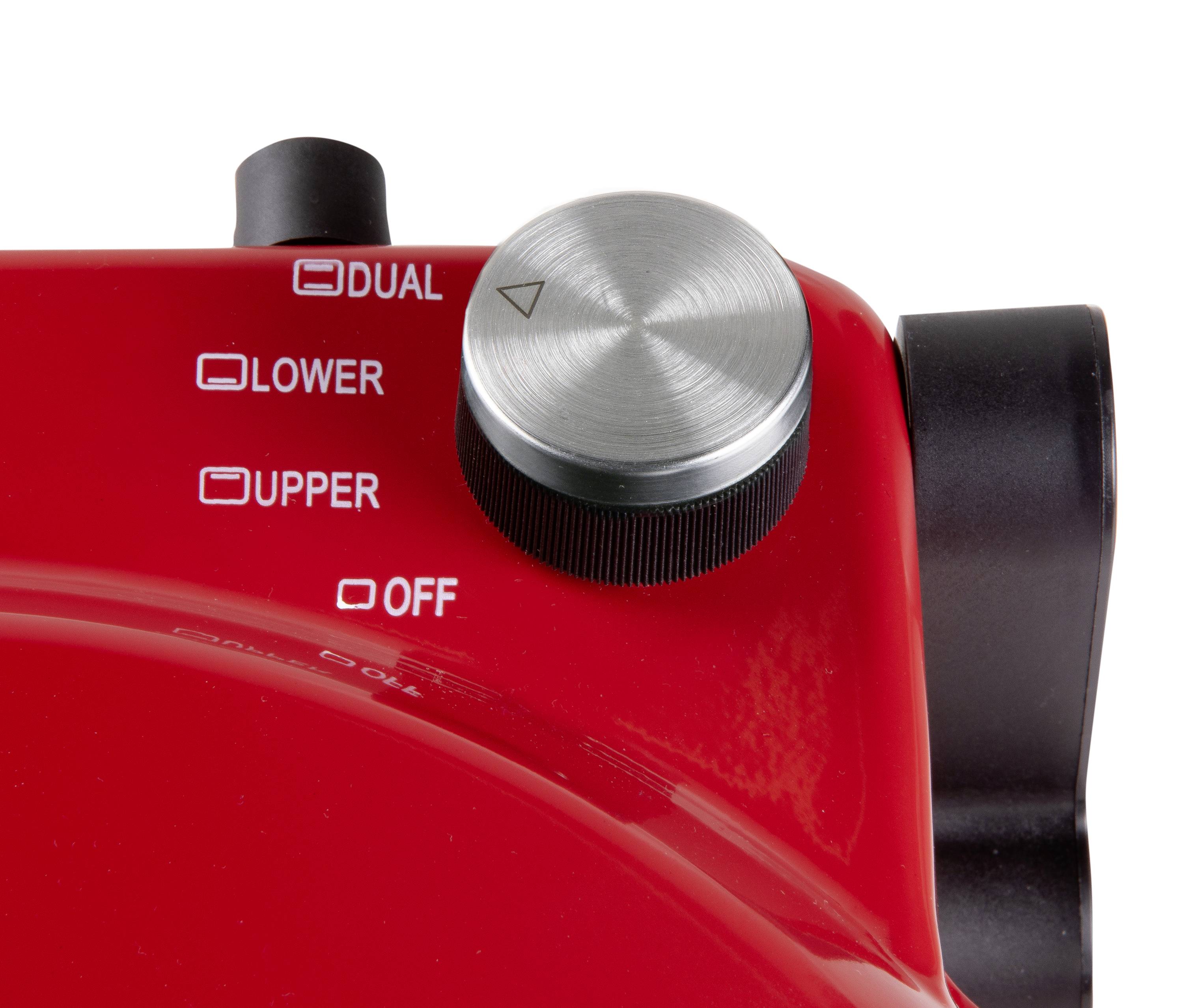 Close-up of a red kitchen appliance with a silver rotary dial and labels: 'DUAL', 'LOWER', 'UPPER', 'OFF'. Switch set to 'OFF'.