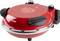 Red pizza oven with 'MY EXPRESS PIZZA' on the lid. Brand 'DOMO', has handles and controls on top. Ideal for homemade pizzas.