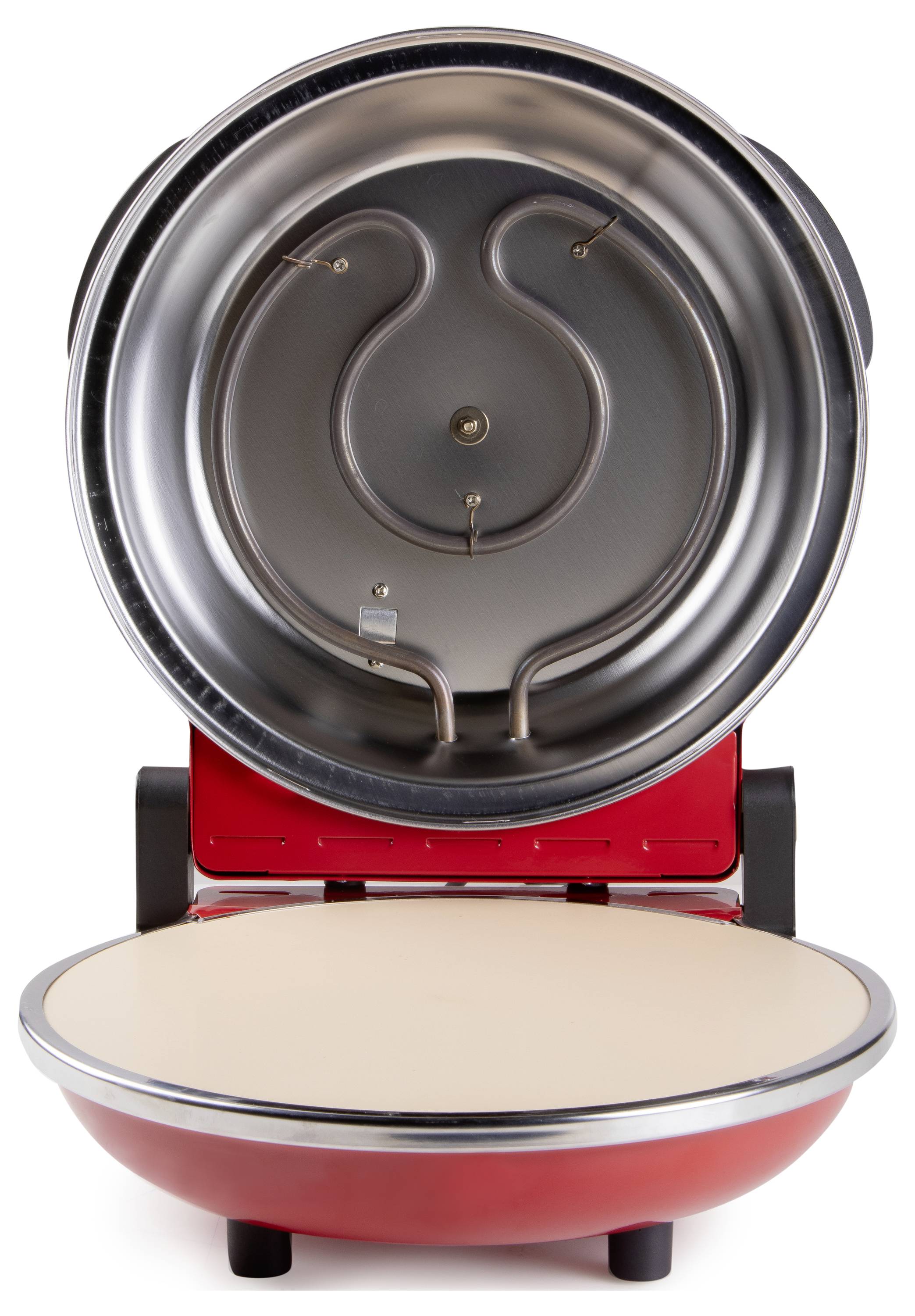 An open, red pizza oven with a round baking plate and visible heating element. Ideal for baking pizza or tarte flambée.