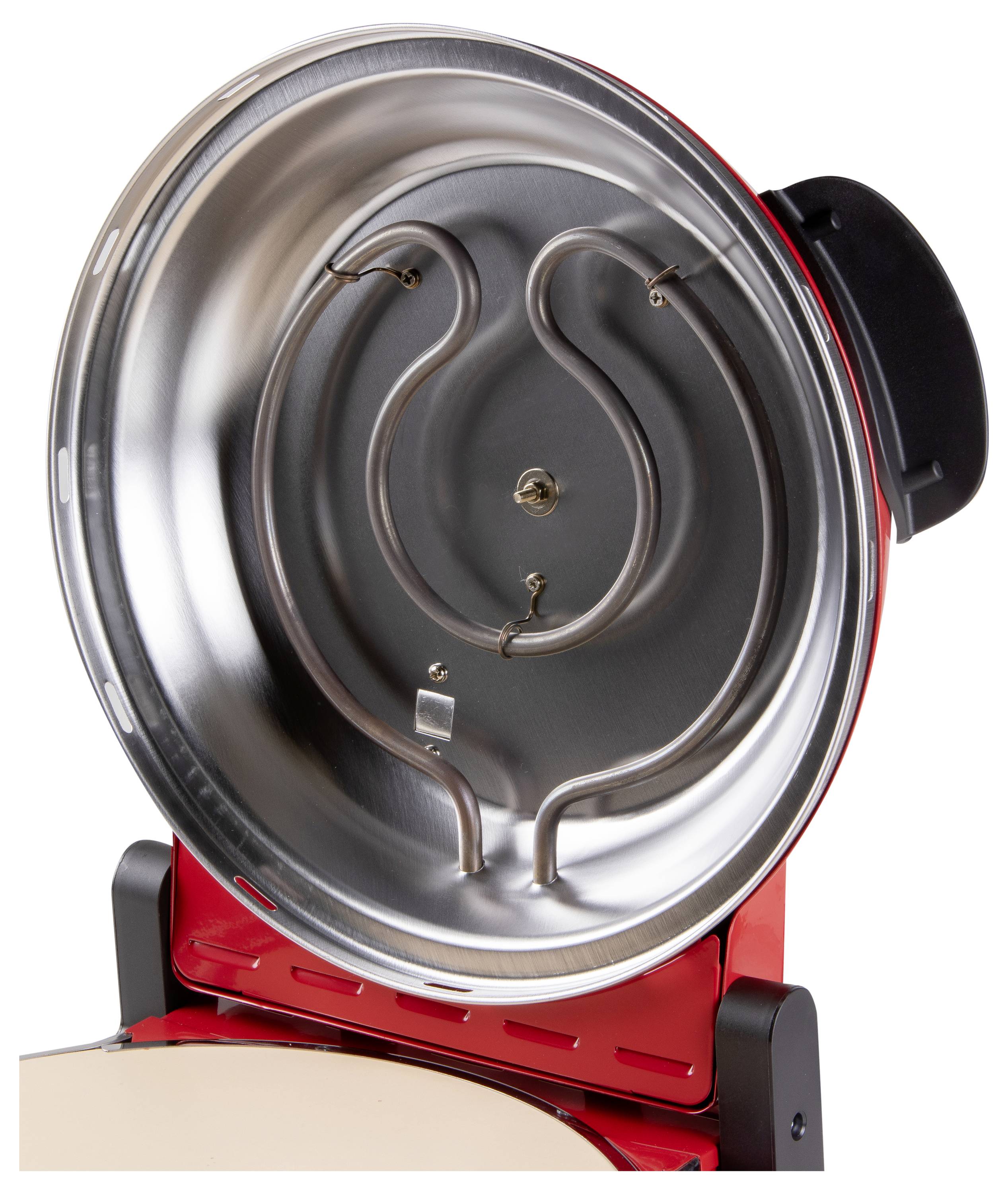 Pizza oven with open lid, showing the heating element inside.