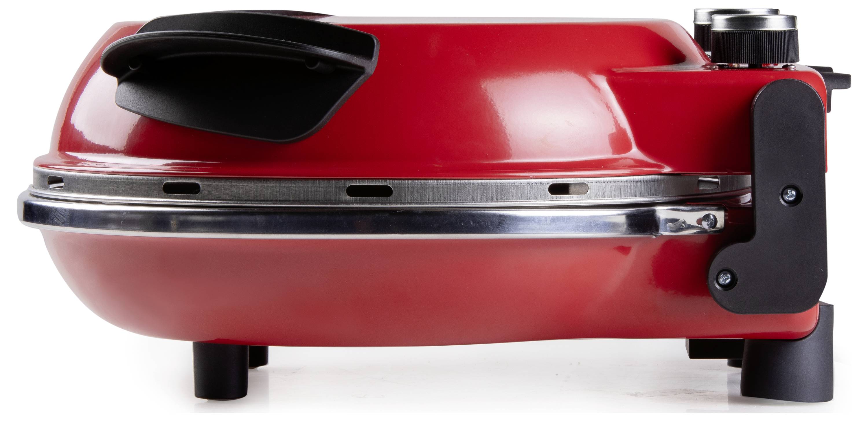 Red table grill with lid and temperature control on the right side, suitable for indoor and outdoor use.