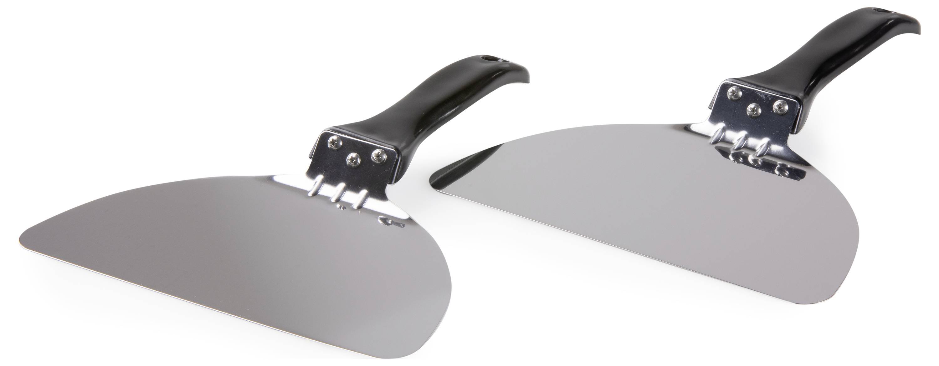 Two silicone spatulas with black handles. Lying side by side on a white background. Suitable for cooking and baking.