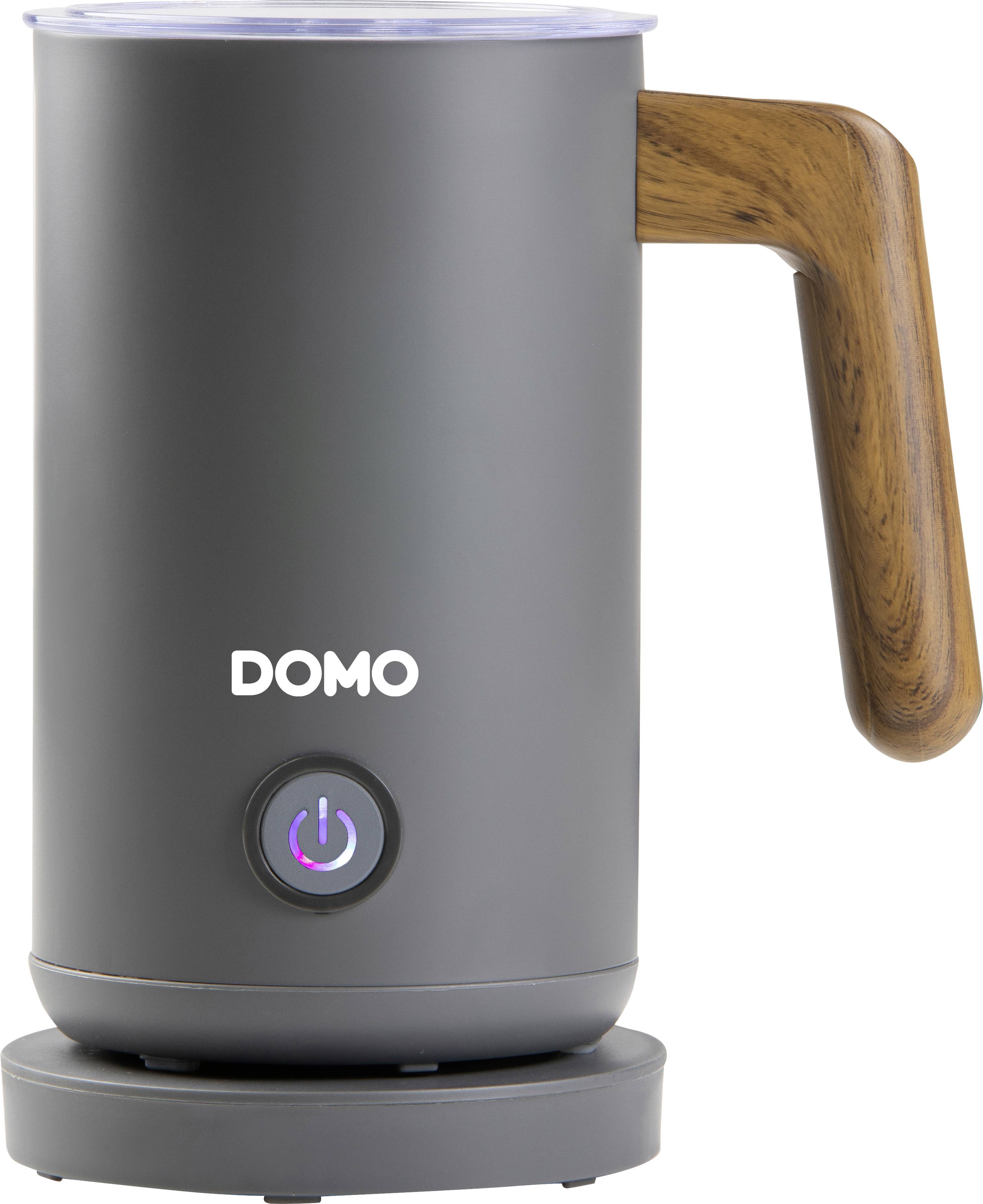Electric milk frother with wooden handle and black surface, LED-illuminated power button and round base. Brand 'DOMO'.