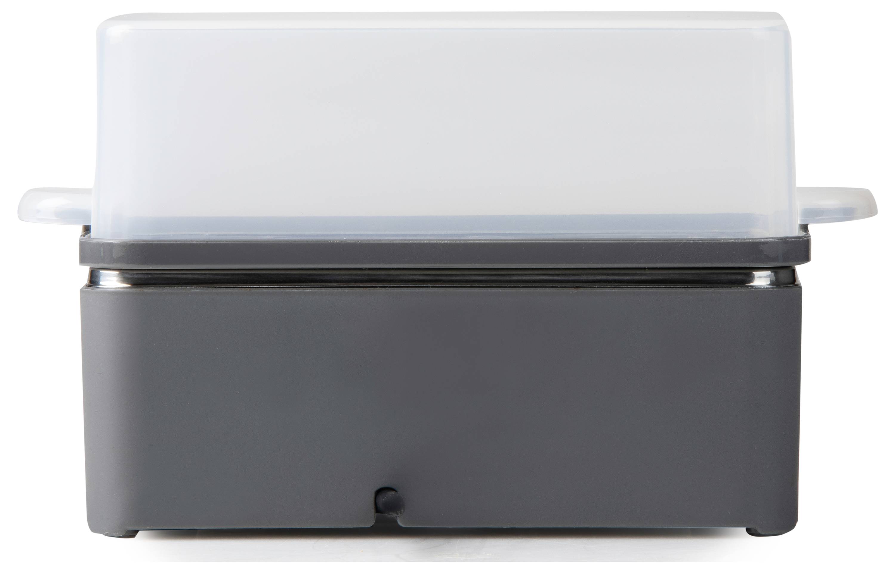 Grey rectangular container with a transparent lid, featuring a small indentation on top. Purpose unknown.