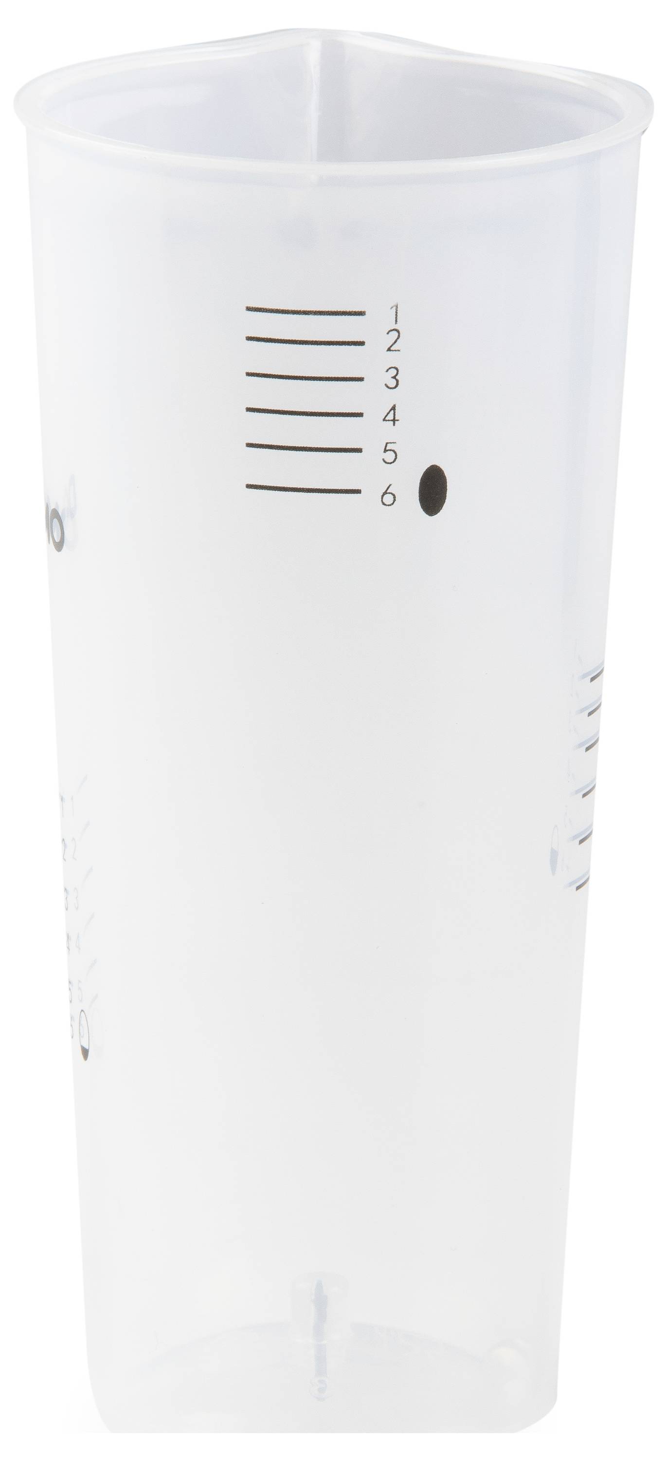 Measuring jug made of transparent plastic with black and white markings, showing scales from 1 to 6.