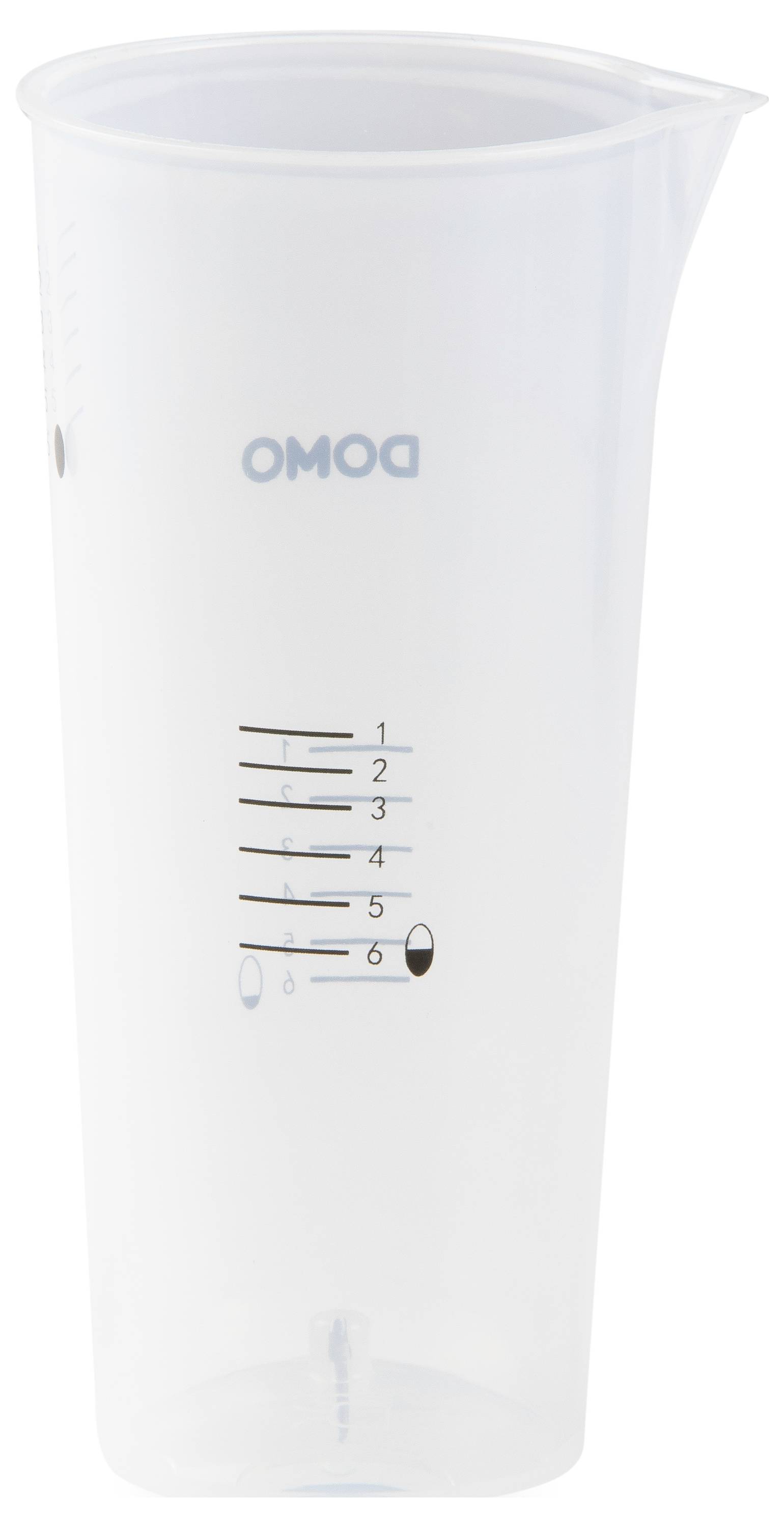 Transparent measuring jug with millilitre scale ranging from 100 to 600 and the inscription 'DOMÖ'.