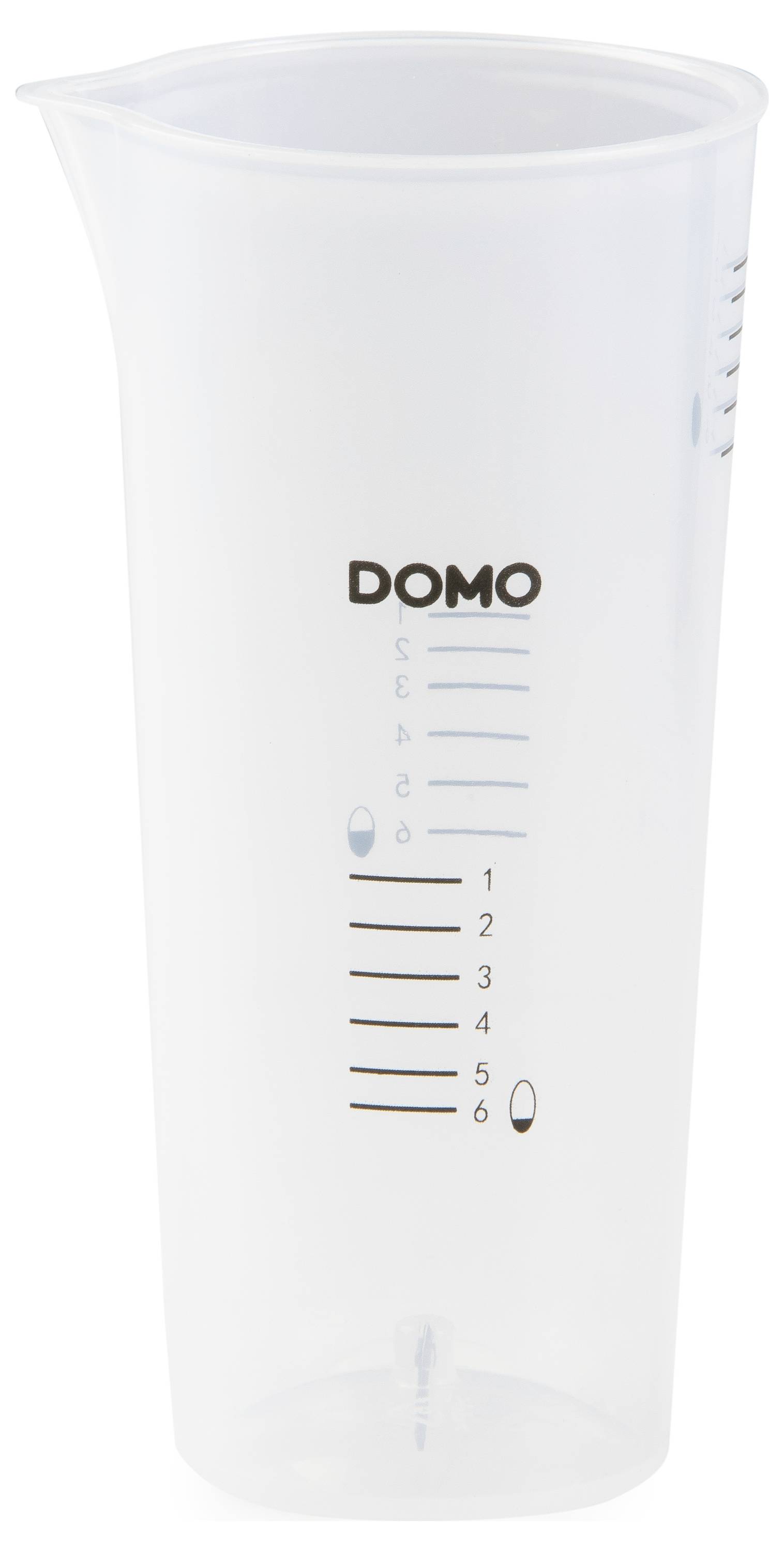 Measuring jug made of transparent plastic with printed measurement scales in millilitres and litres. Marked up to one litre.