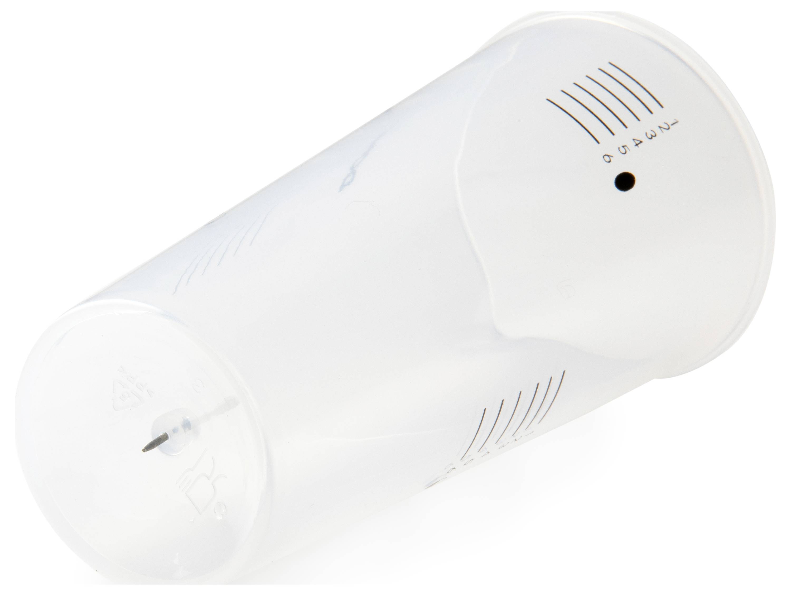 A clear plastic cup with black measurement lines and a small opening on the side.