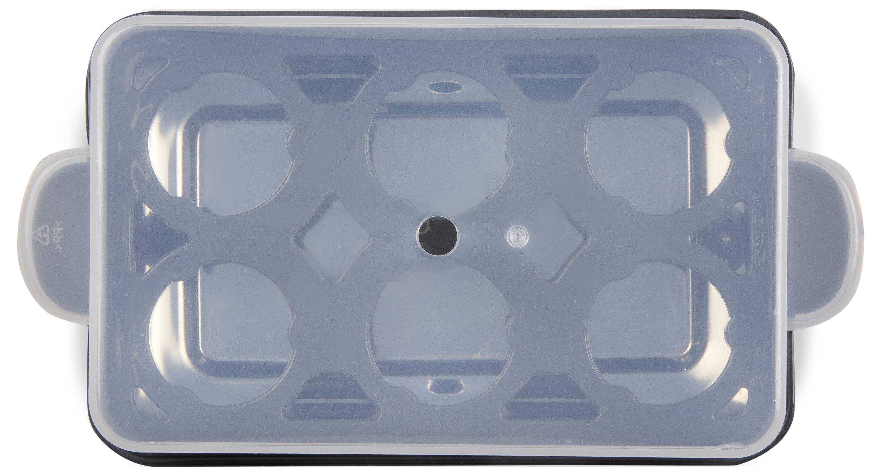 Transparent egg cooker lid with circular recesses for six eggs, central grip knob.