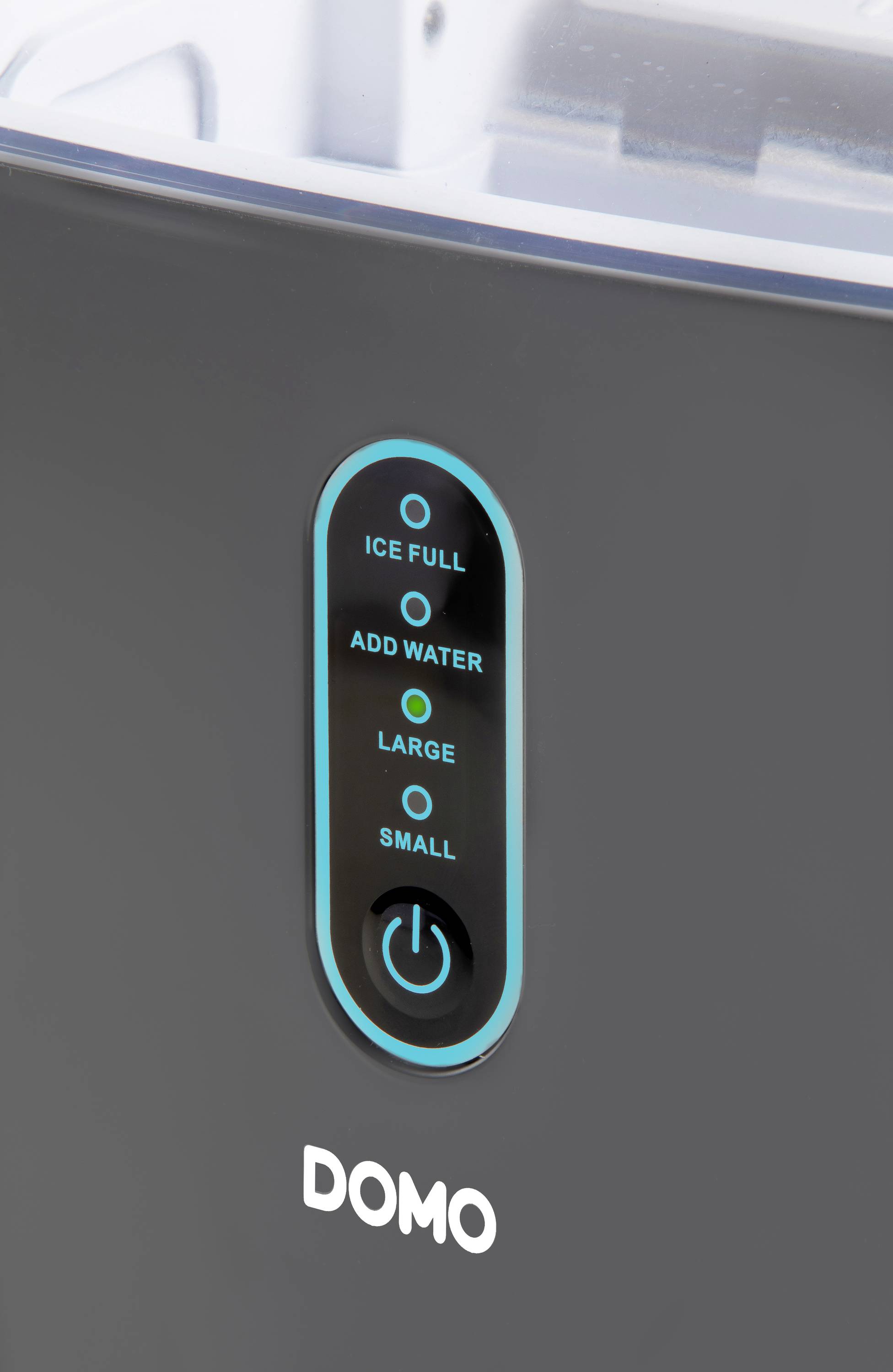 Black device with blue illuminated indicators and buttons: 'Ice Full', 'Add Water', 'Large', 'Small', beneath the logo 'DOMO'.