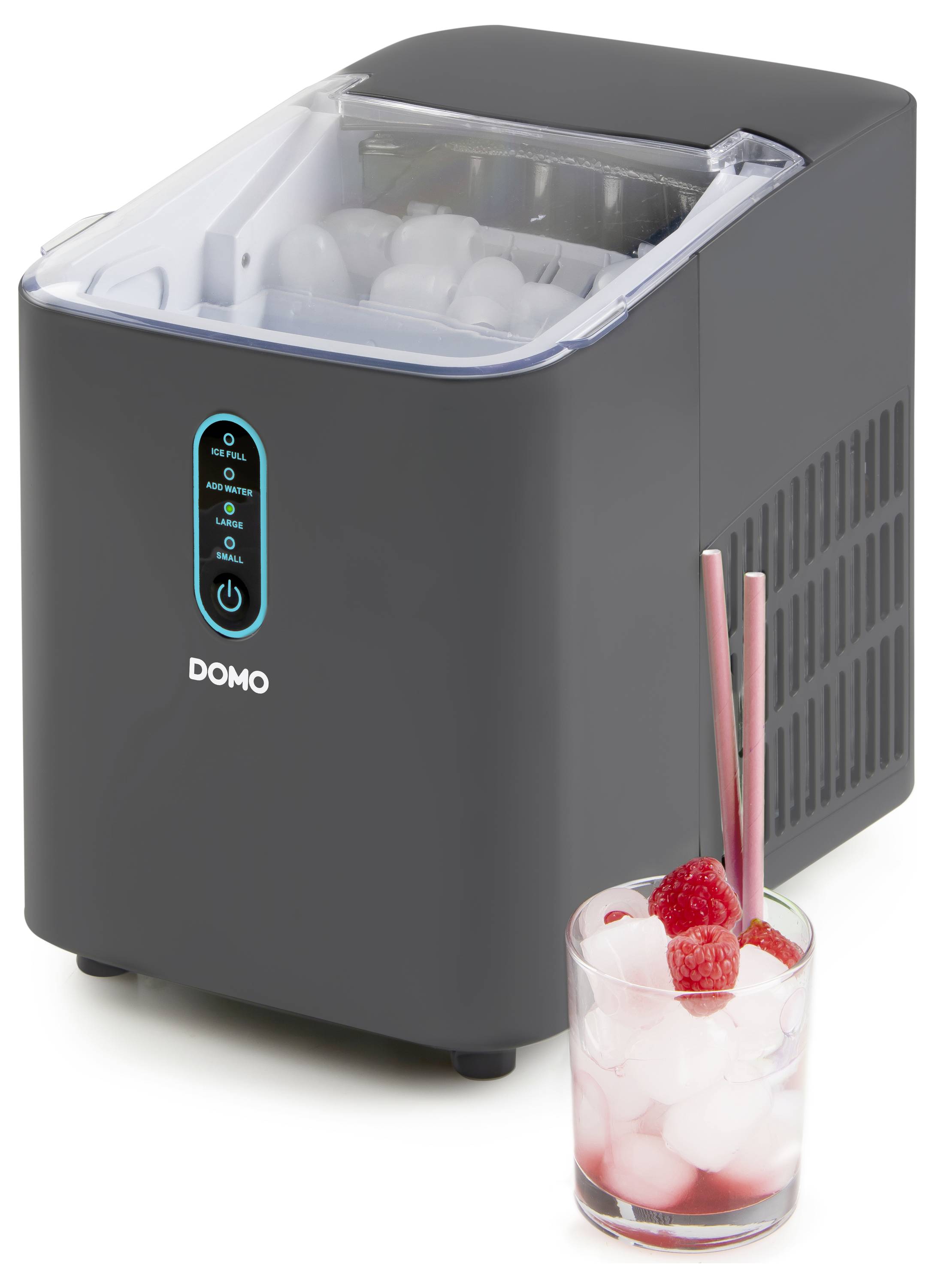 Portable ice cube maker next to a glass filled with ice cubes and red straws.
