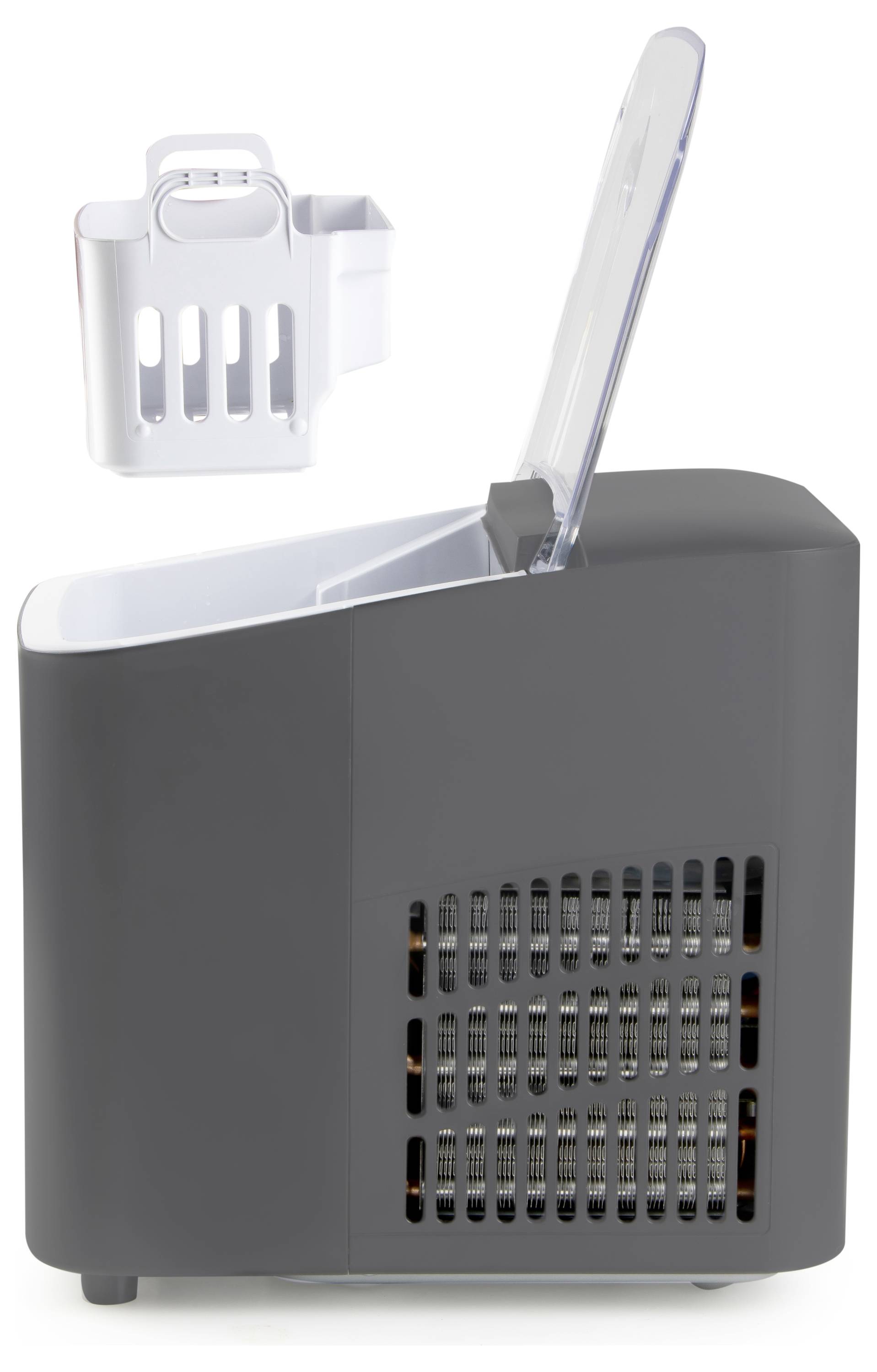 A black ice maker with an open lid, showing an interior view and left air vents. An ice cube container hovers beside it.