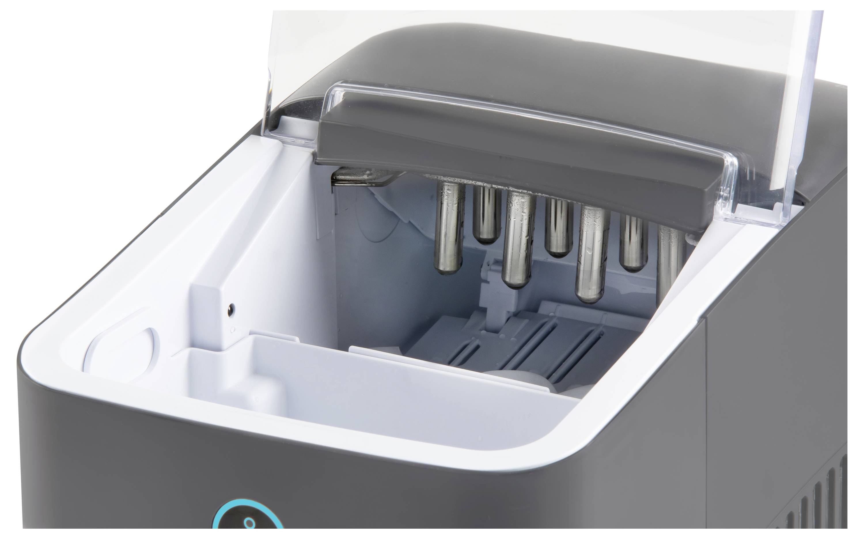 Ice cube maker with a public lid and visible metal parts for producing ice cubes.