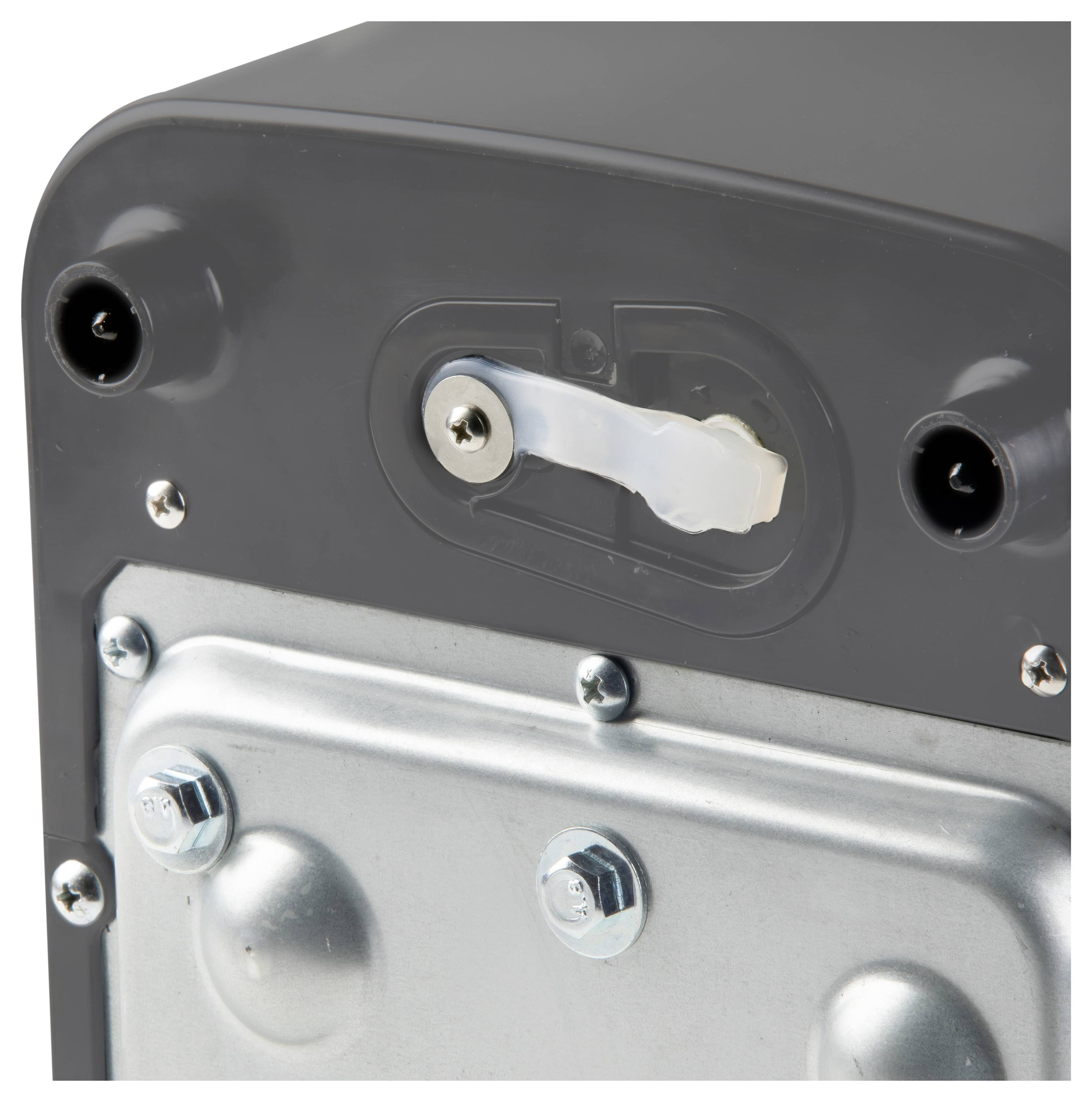 Grey electrical device with a square steel base, several screws, and a rotary switch in the centre at the top.