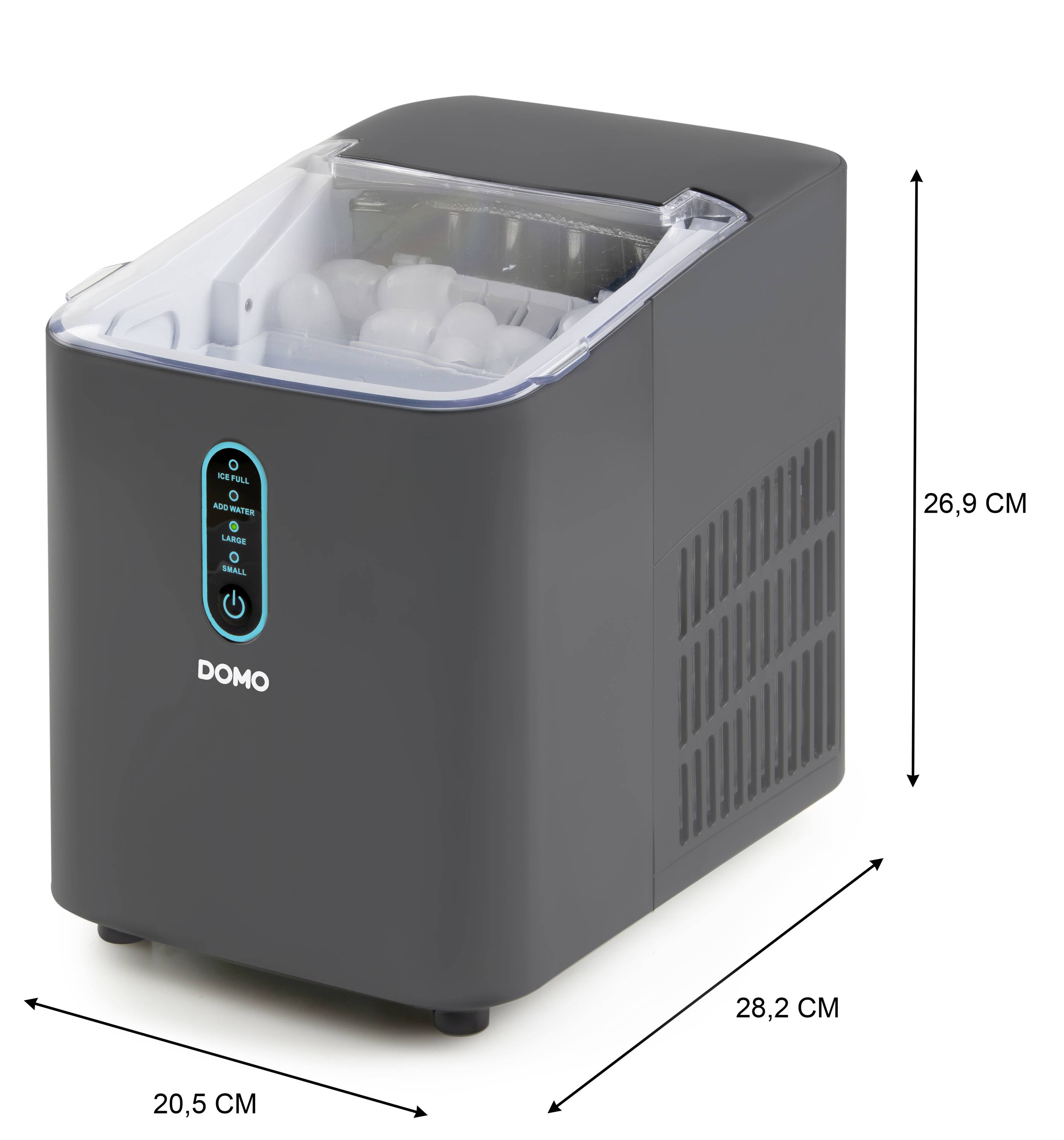 'Compact ice cube maker, marked with dimensions: 26.9 cm height, 28.2 cm depth, 20.5 cm width. Display lights on the front.'