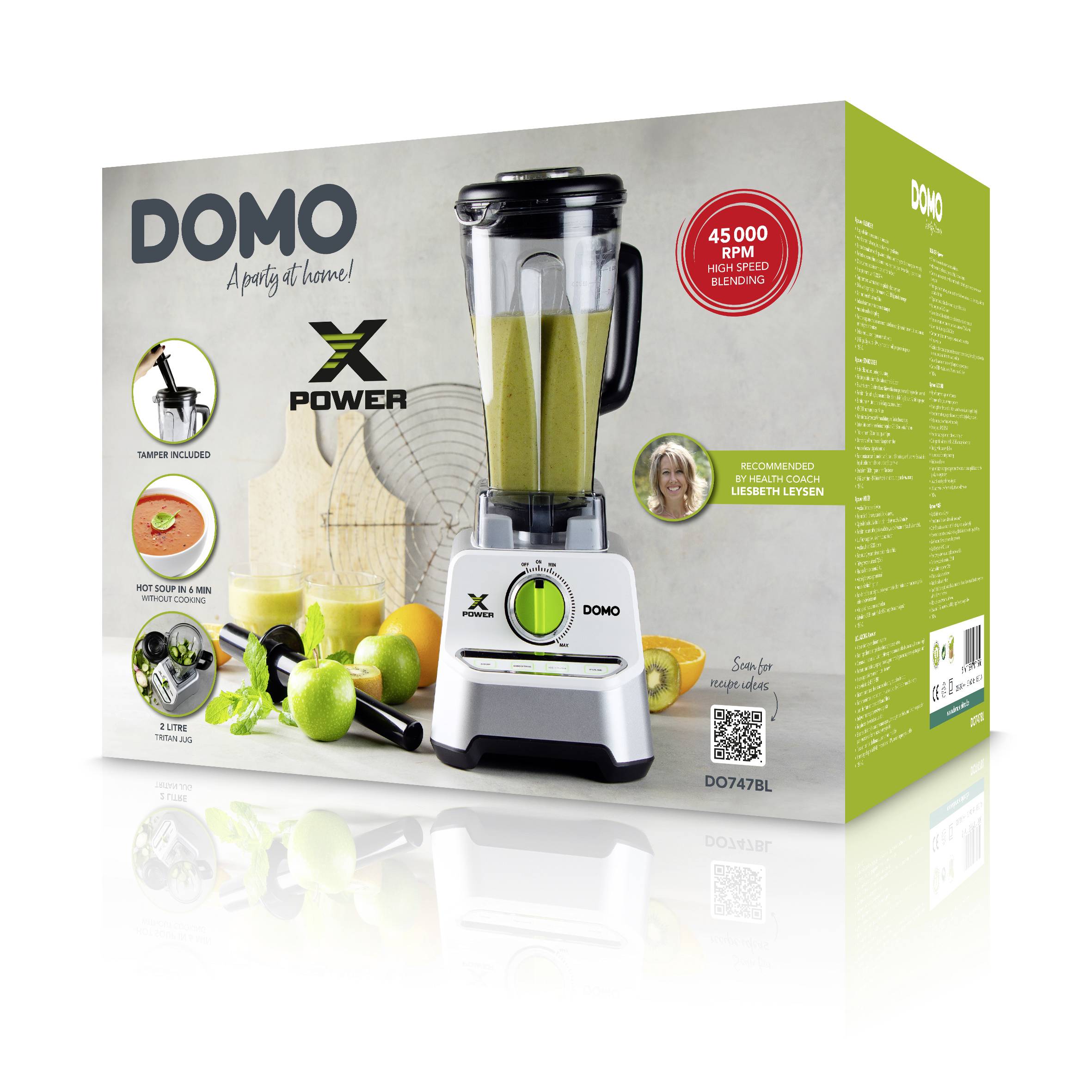 'Packaging of a DOMO mixer with green smoothie illustration. Product features: 45,000 RPM, 2-litre capacity, tamper included.'