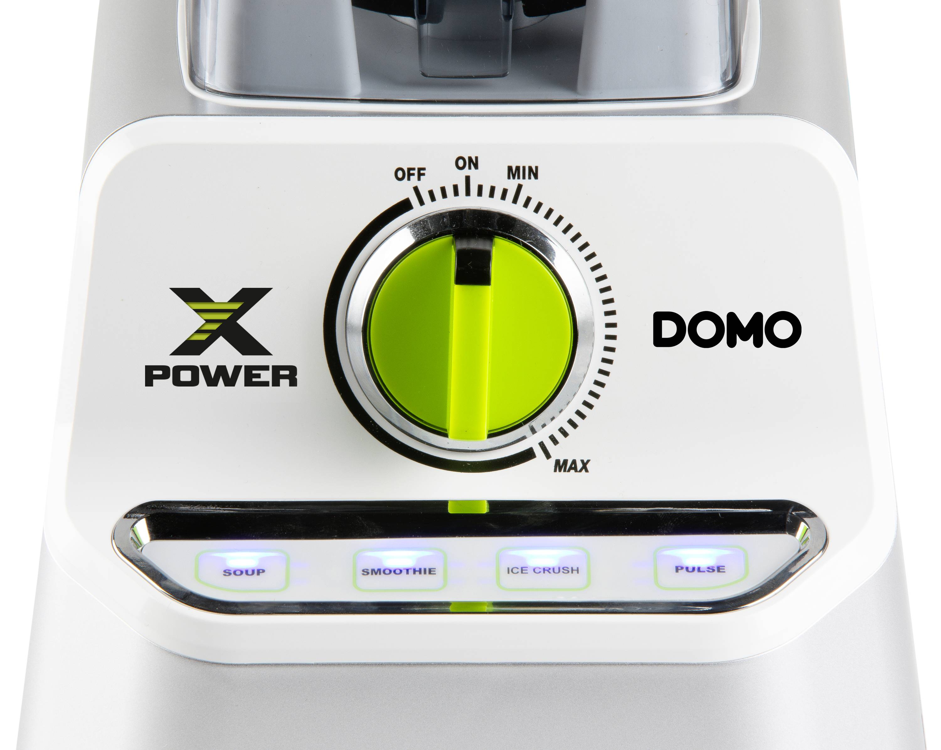 White mixer with green speed control dial. Markings: 'Off', 'Min', 'Max'. Brand logos: 'X Power', 'DOMO'. Illuminated buttons: 'Soup', 'Smoothie', 'Ice Crush', 'Pulse'.