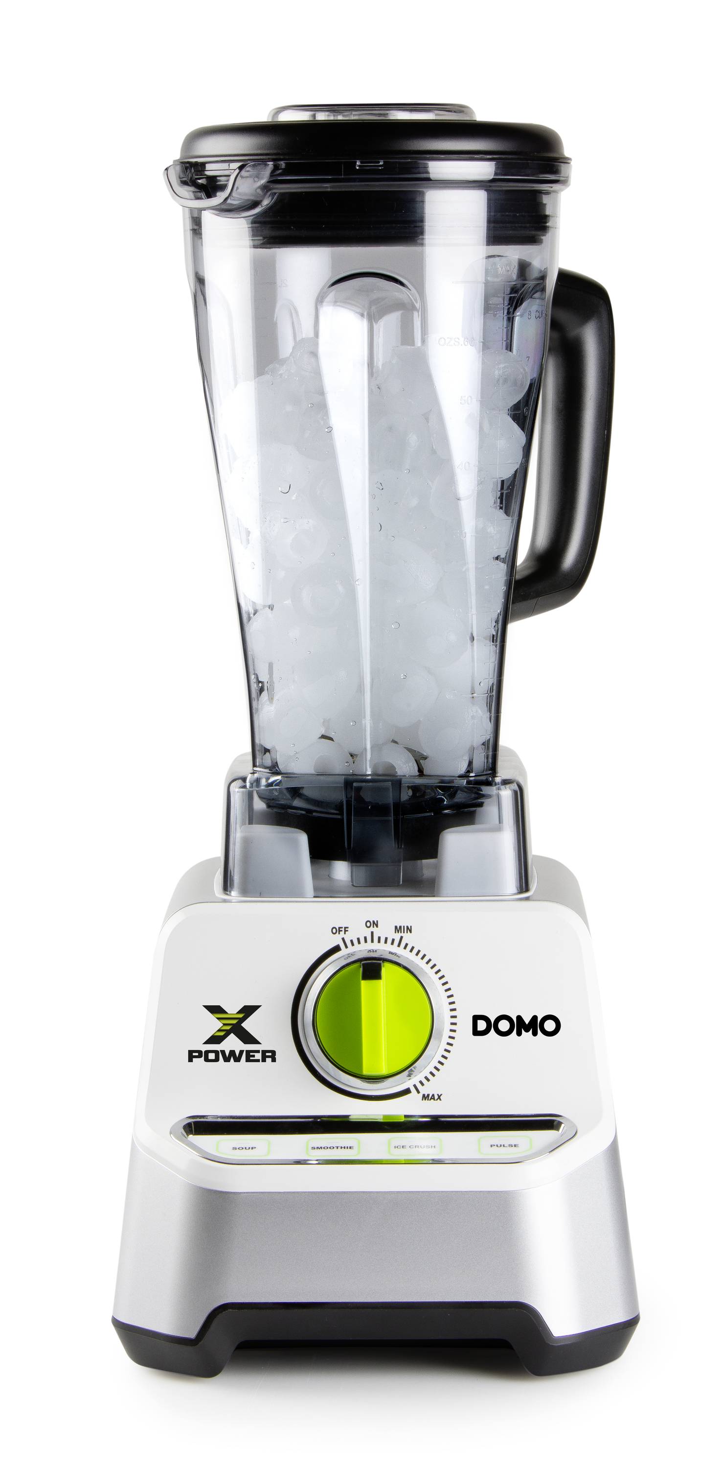 A blender with a transparent container and ice cubes, brand 'DOMO'. The base has control buttons and a display with a green button.