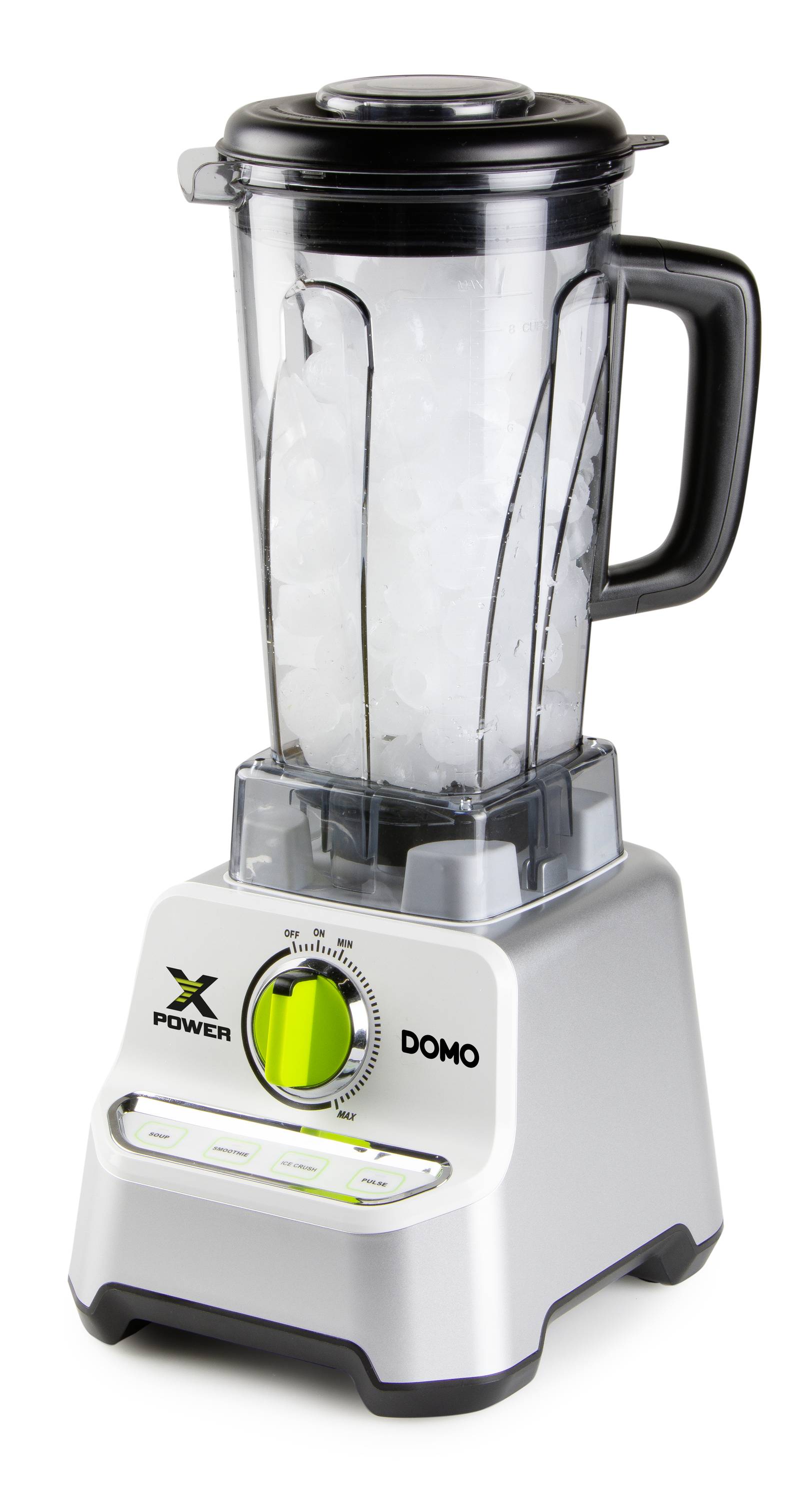 Stand mixer filled with ice cubes, silver casing, green rotary dial for adjustment, suitable for powerful mixing and chopping.