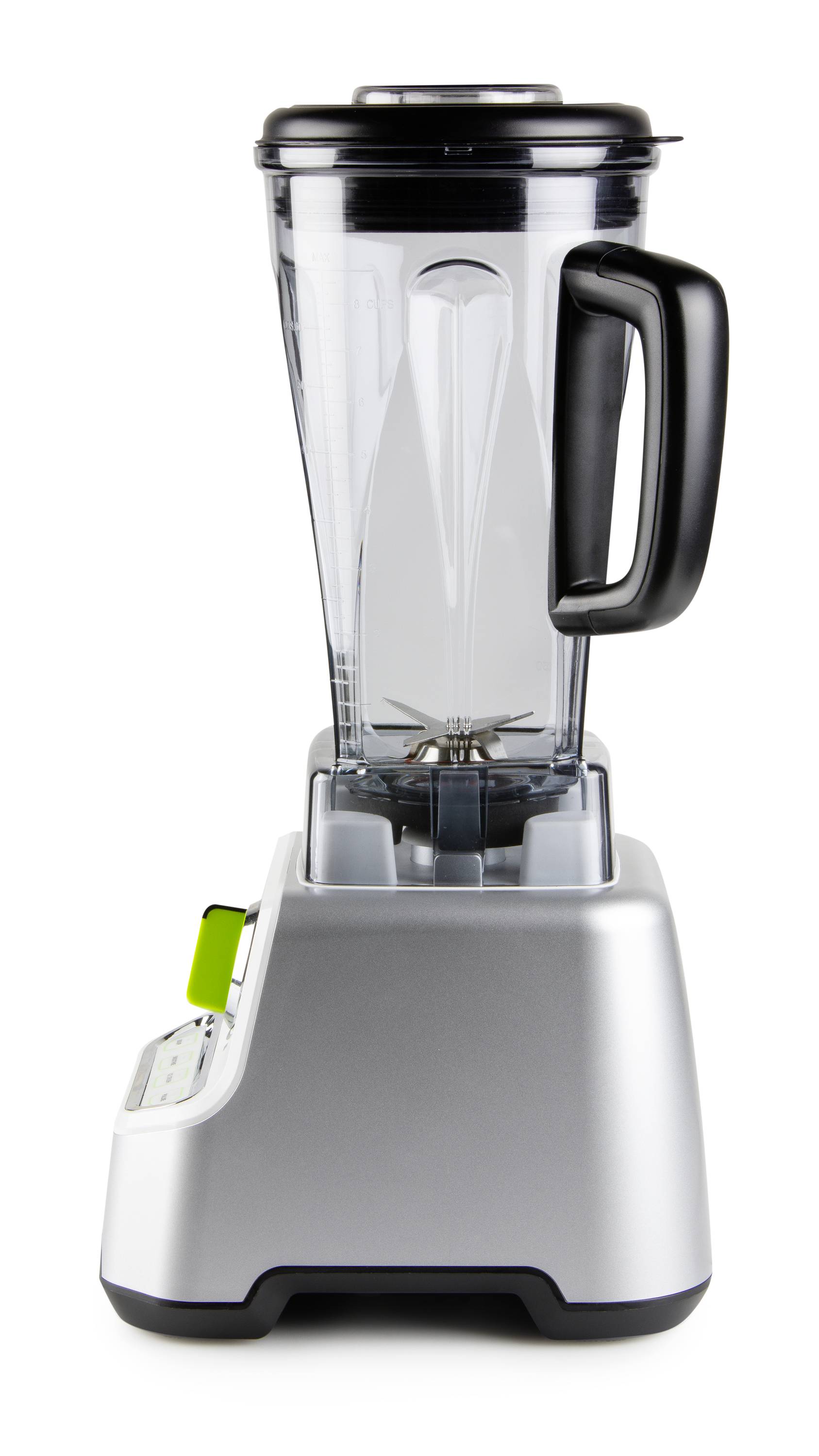 A silver blender with a transparent container and black handle is standing upright. It has a control panel on its base.
