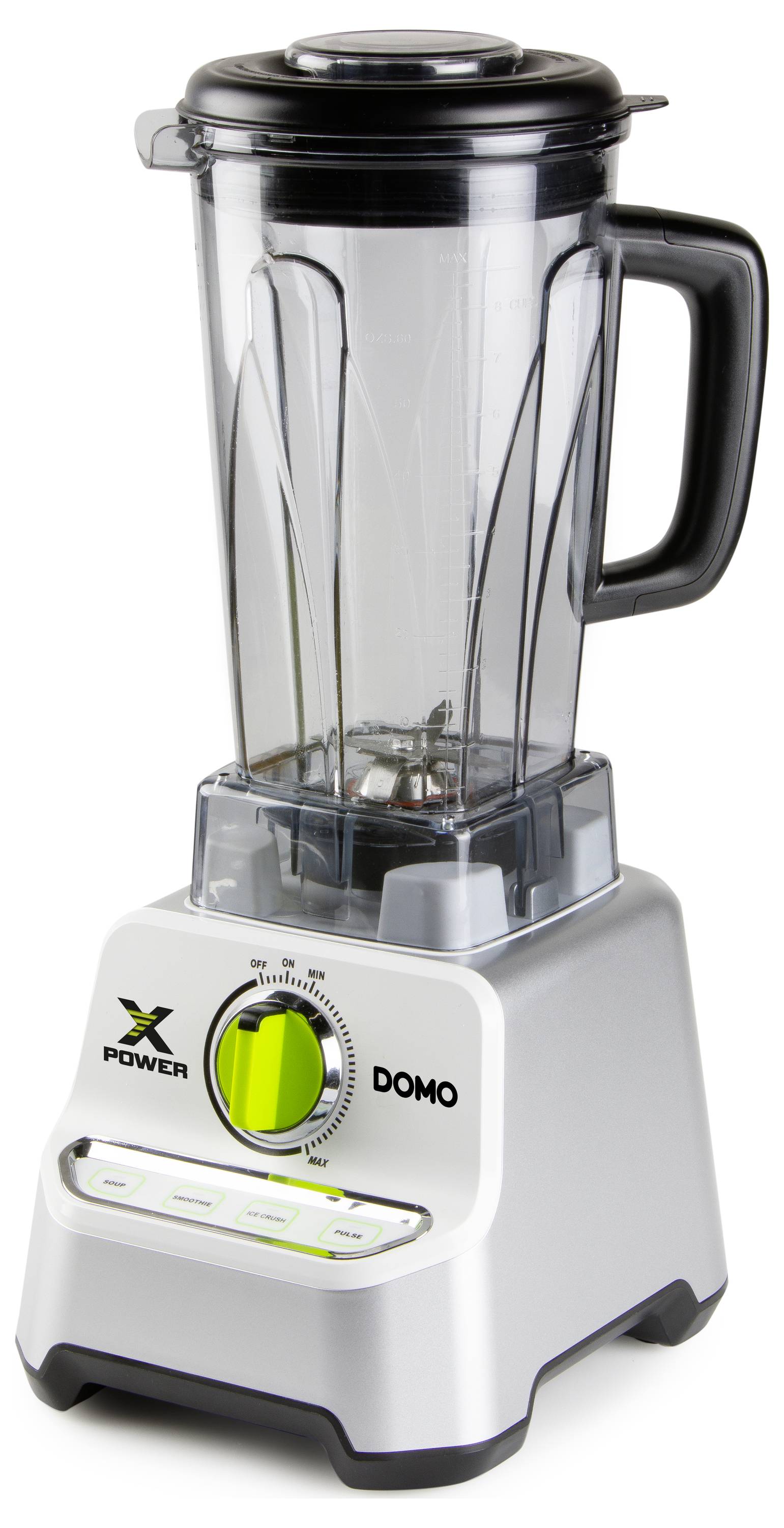 A silver stand mixer with a transparent container and black lid. Green buttons are located on the base.