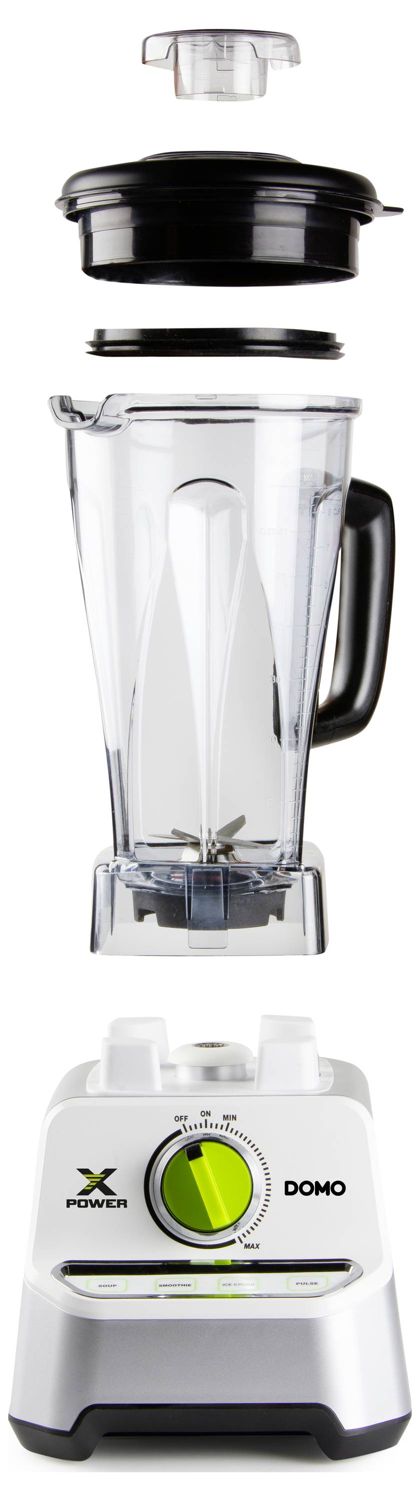 Dismantled Blender: Lid, transparent container with measurement scale and black handle, with the motor unit underneath featuring a green rotary knob.