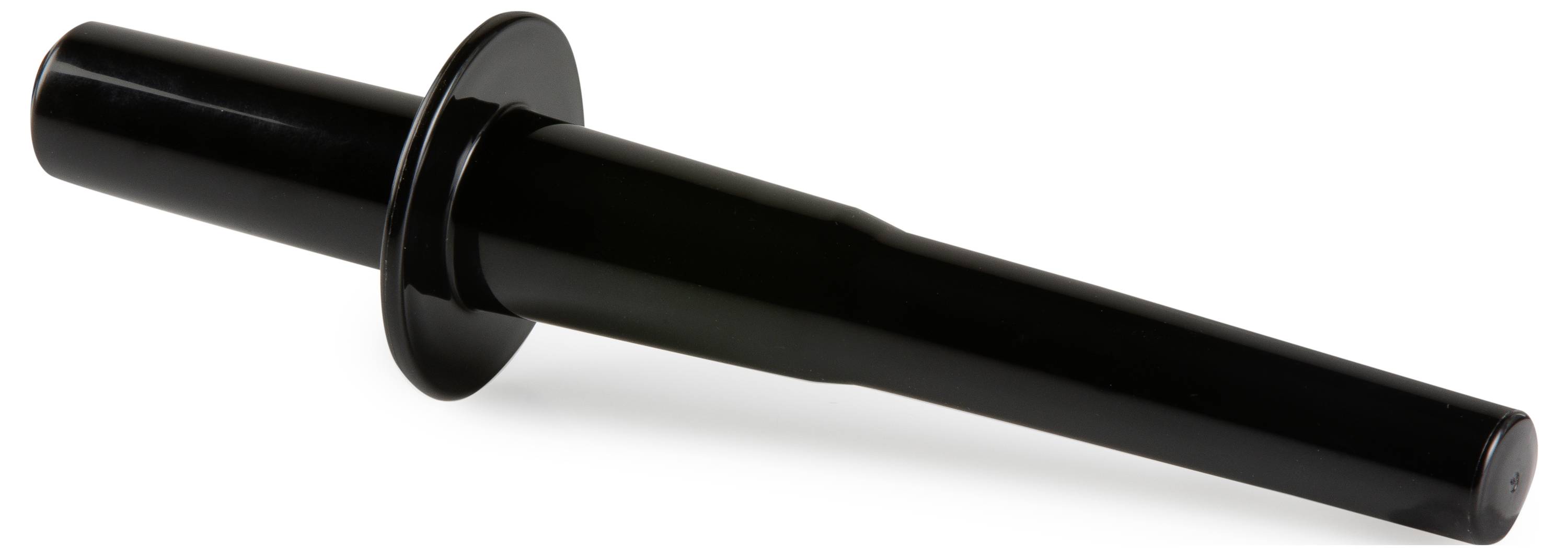 A black plastic plunger, tapered with a wide rim, typically used in food processors to push down ingredients.