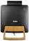 Black sandwich maker by Domo with a handle in wood-effect finish. A triangular symbol with three wavy lines at the top.
