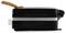 A closed contact grill with a wooden handle, side view. The grill is designed in black and silver.
